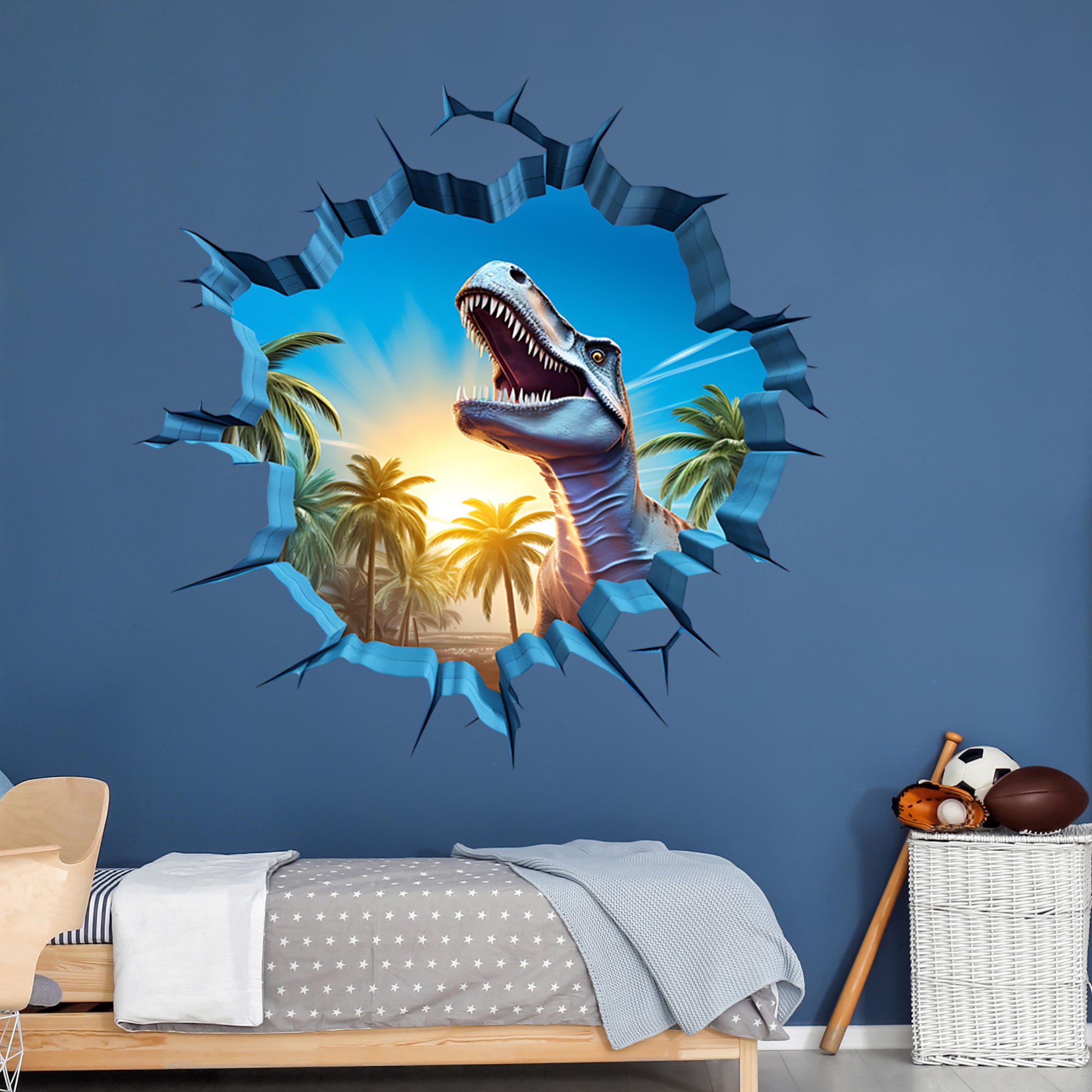Wandtattoo mit Tyrannosaurus Rex beim Wanddurchbruch an blauer Wand