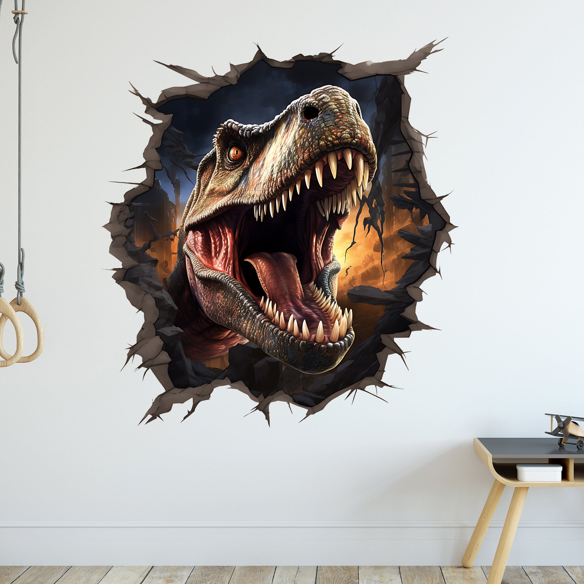 Wandtattoo mit Tyrannosaurus Rex beim Wanddurchbruch im Kinderzimmer