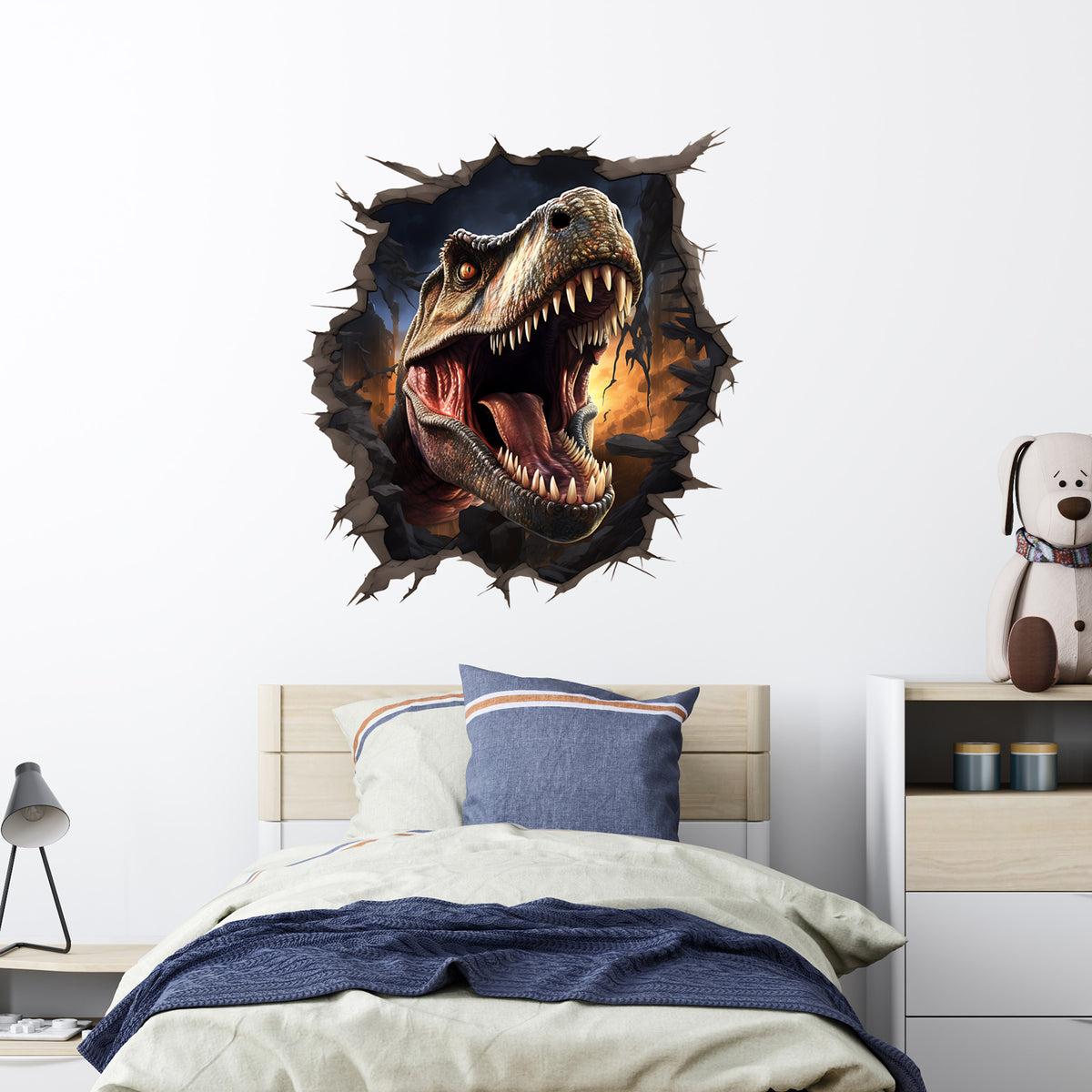 Wandtattoo mit Tyrannosaurus Rex beim Wanddurchbruch über Kinderbett
