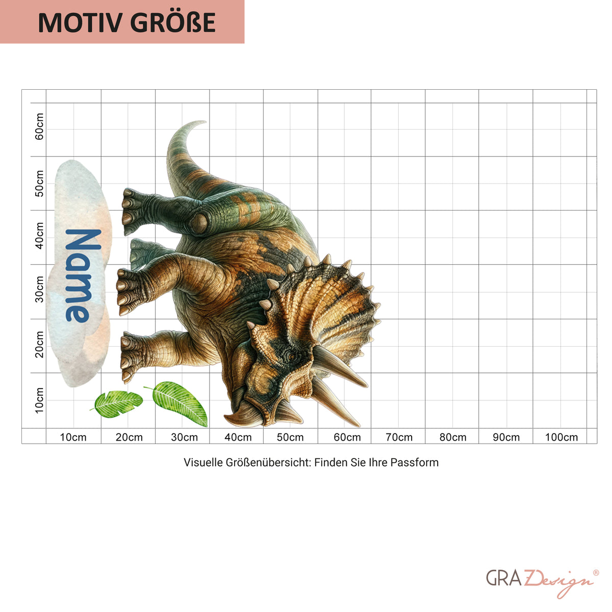 Größenübersicht zum Wandtattoo mit Triceratops und Wunschname