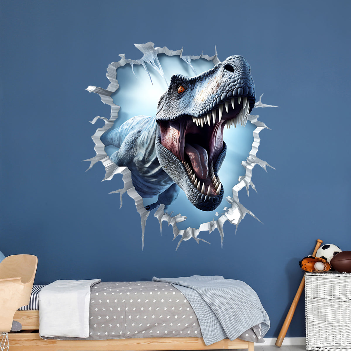Wandtattoo mit blauem Tyrannosaurus Rex beim Wanddurchbruch im Kinderzimmer