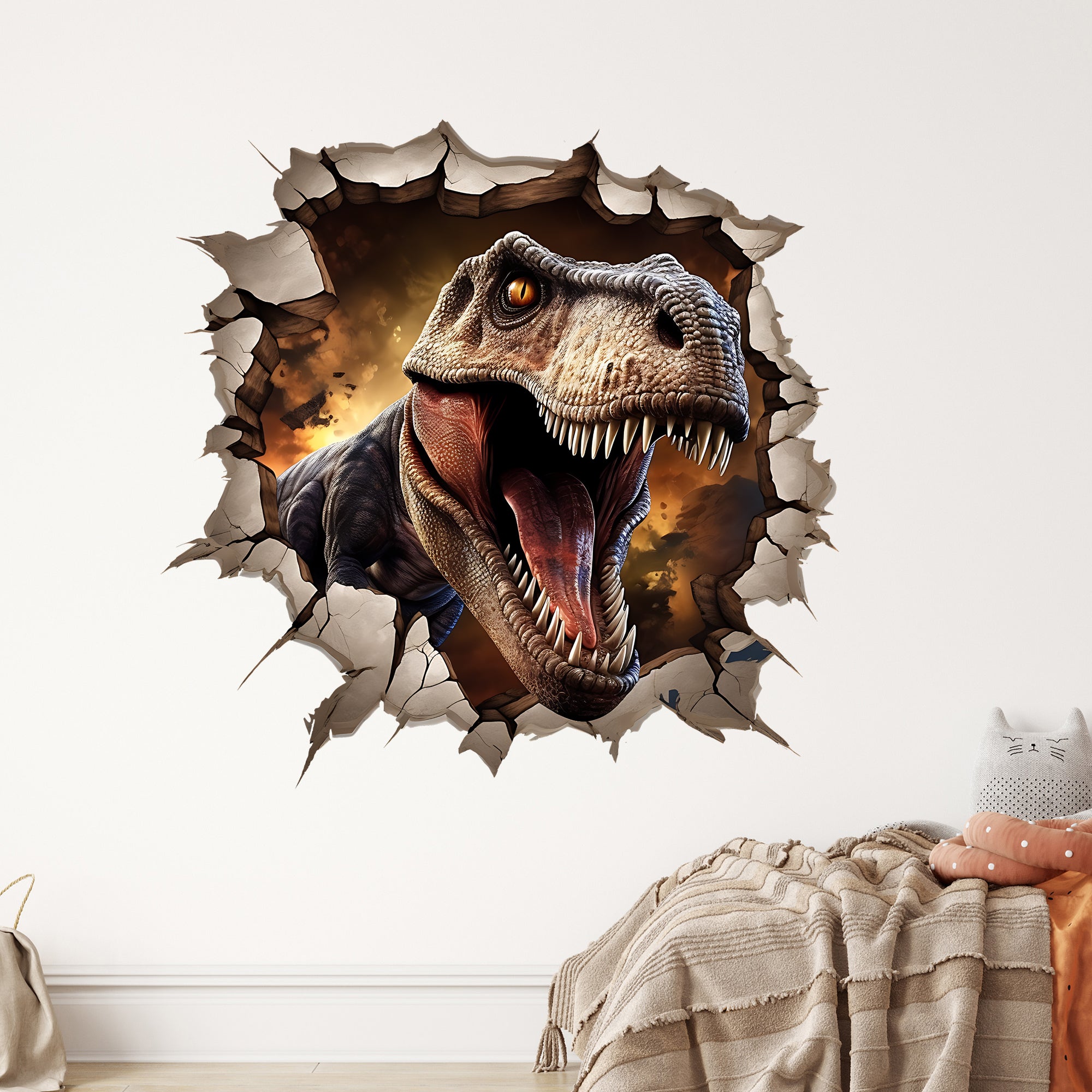 Wandtattoo mit Tyrannosaurus Rex beim Wanddurchbruch über Kinderbett
