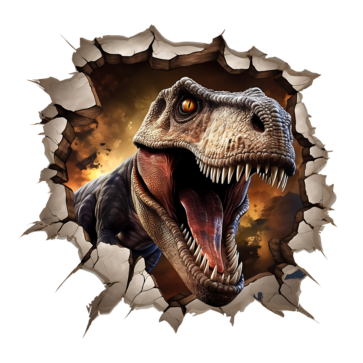 Wandtattoo mit Tyrannosaurus Rex beim Wanddurchbruch als freigestelltes Motiv