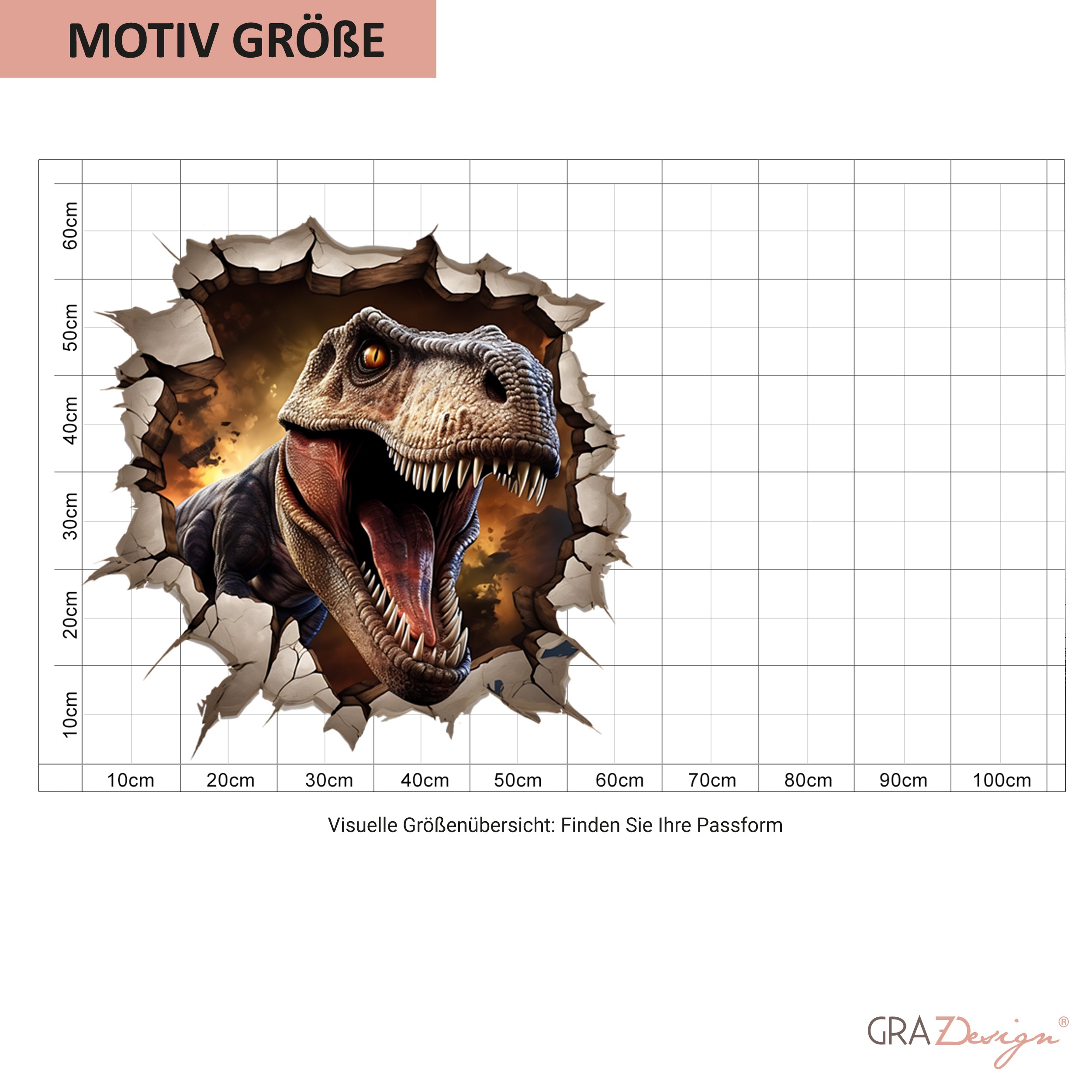 Größenübersicht zum Wandtattoo mit Tyrannosaurus Rex beim Wanddurchbruch