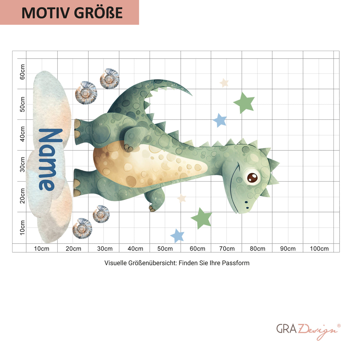 Größenübersicht zum Wandtattoo mit grünem Dinosaurier und Wunschname
