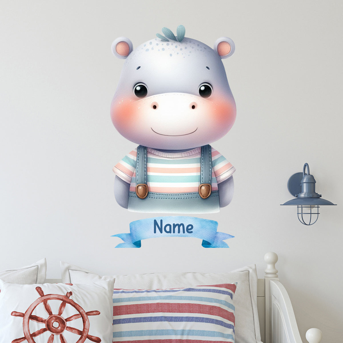 Kawaii-Hippo mit Streifenhemd und Namensbanner.