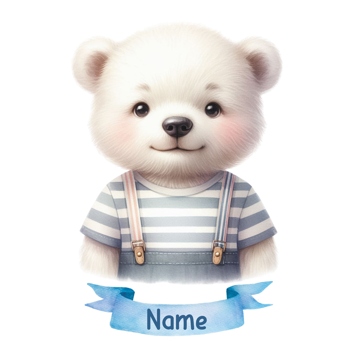 Niedlicher Eisbär mit gestreiftem Shirt und blauer Schleife.