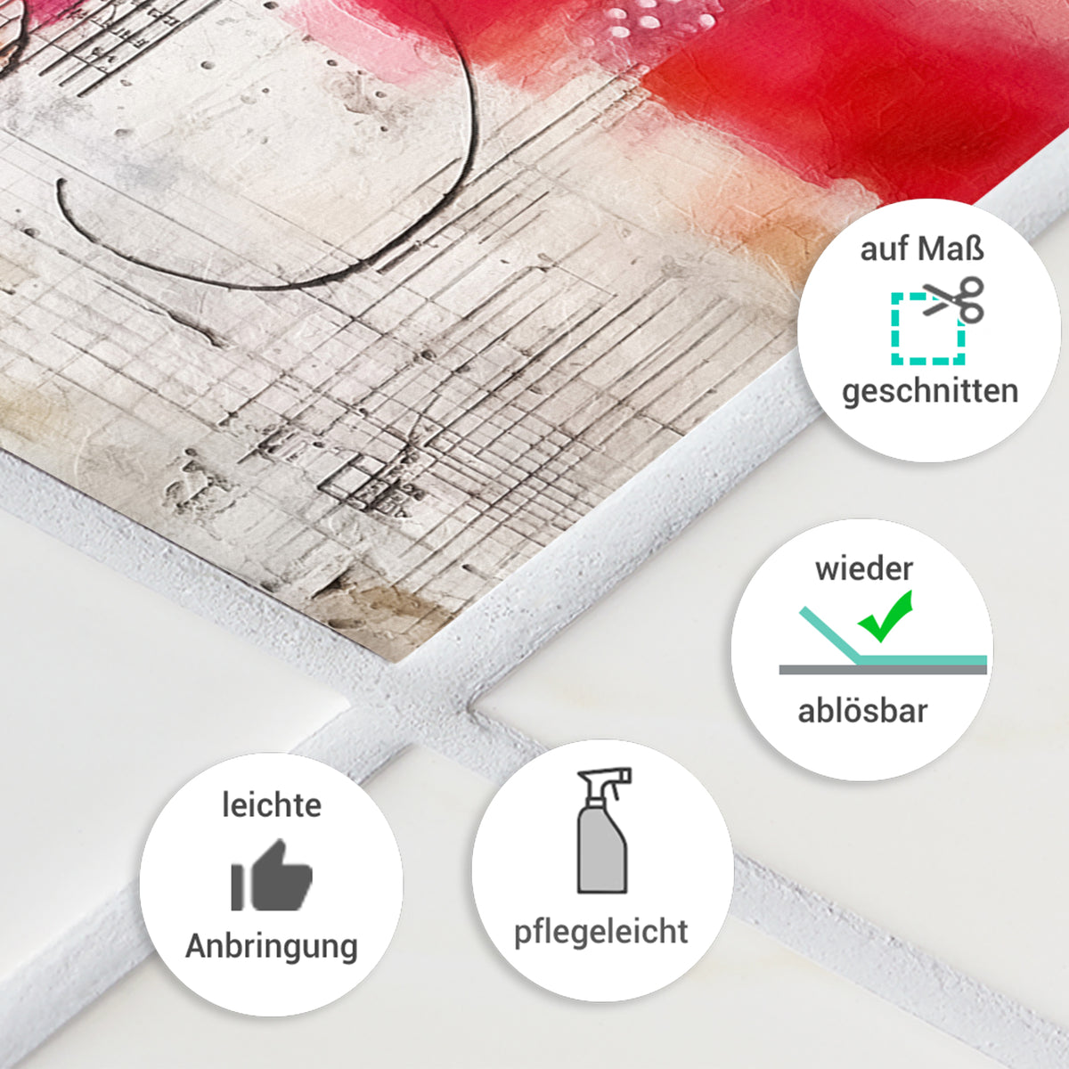 Rotes Wandbild mit abstrakten Mustern, pflegeleicht und ablösbar.