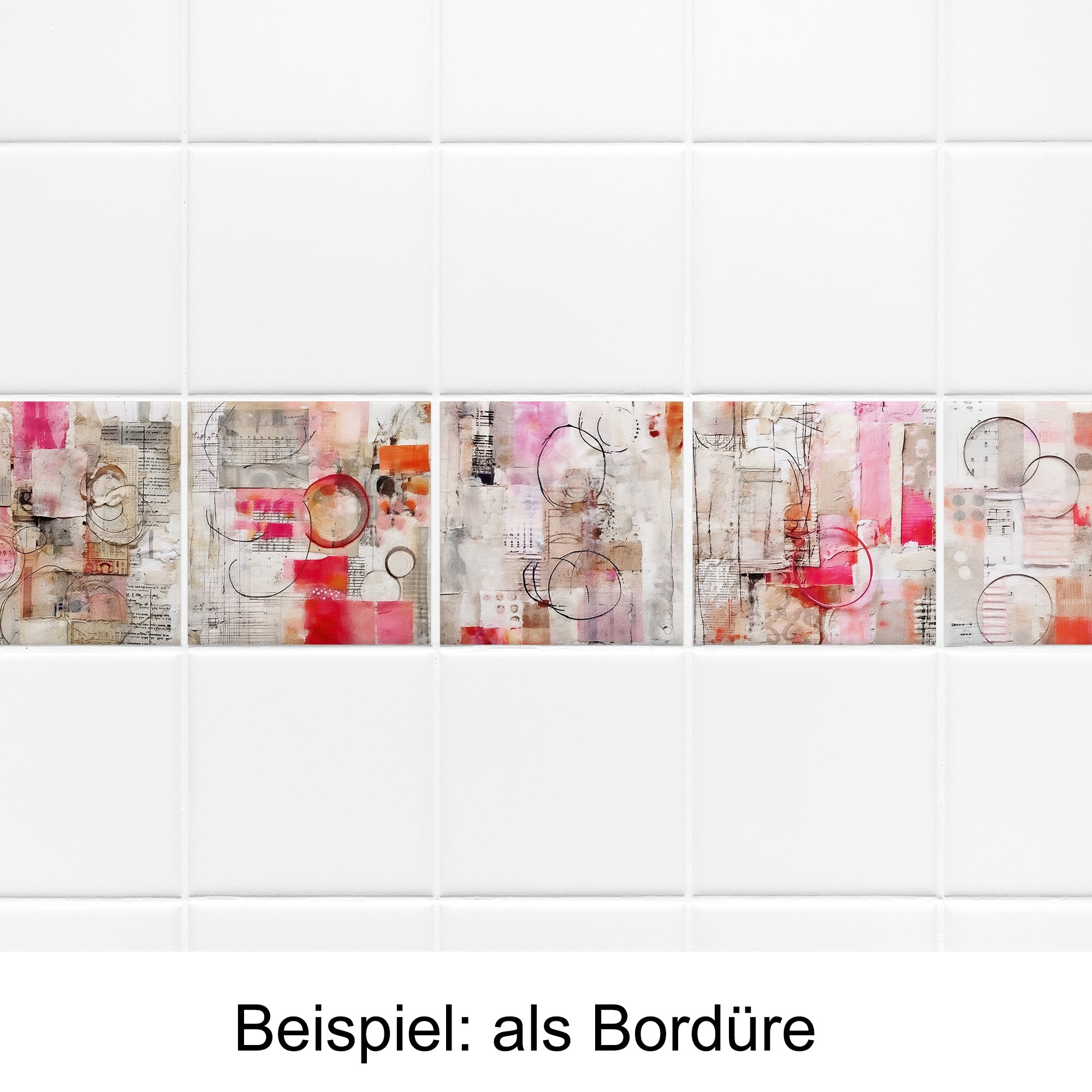 Bunte Fliesenbordüre in Rosa, Beige und Grau mit geometrischen Mustern.