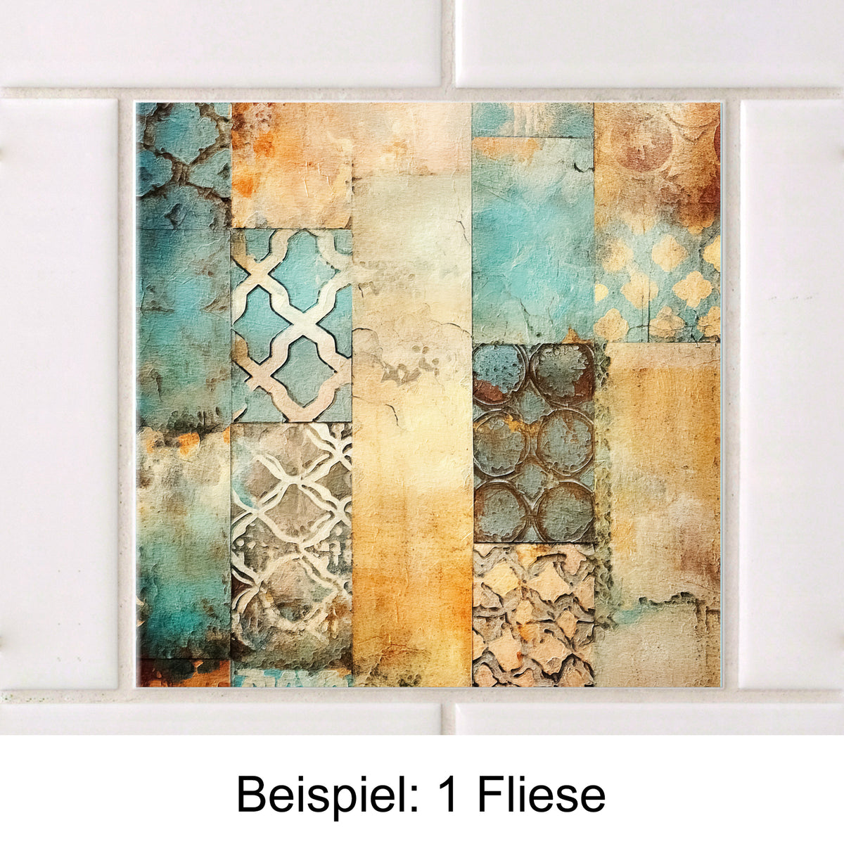 Bunte Fliese mit geometrischen Mustern in Blau und Beige.