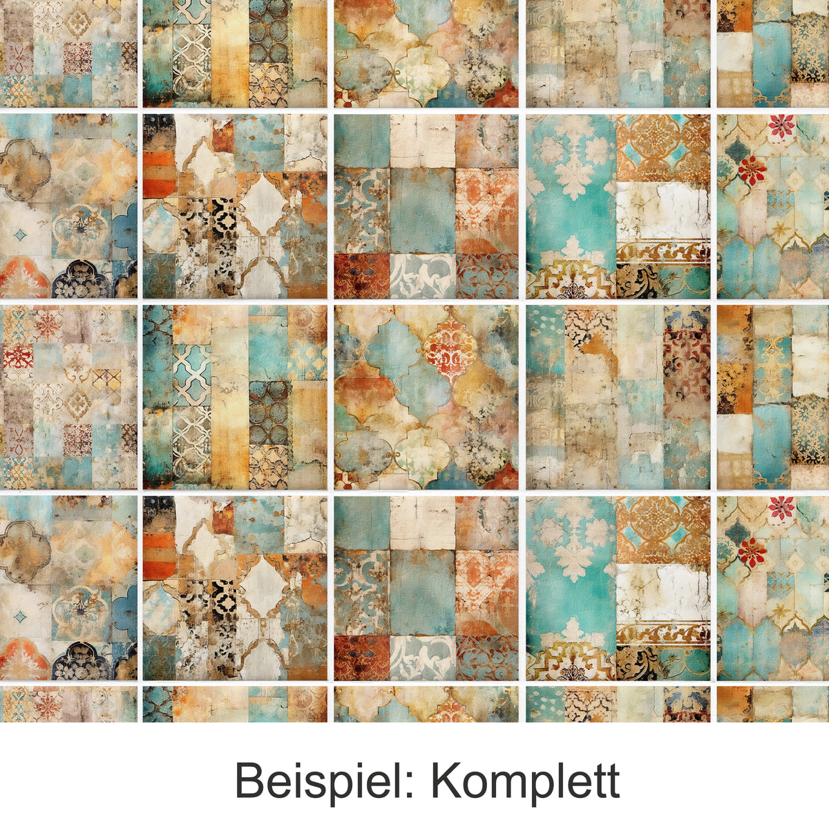 Musterfliesen in Blau, Orange und Beige, vielfältige Designs.