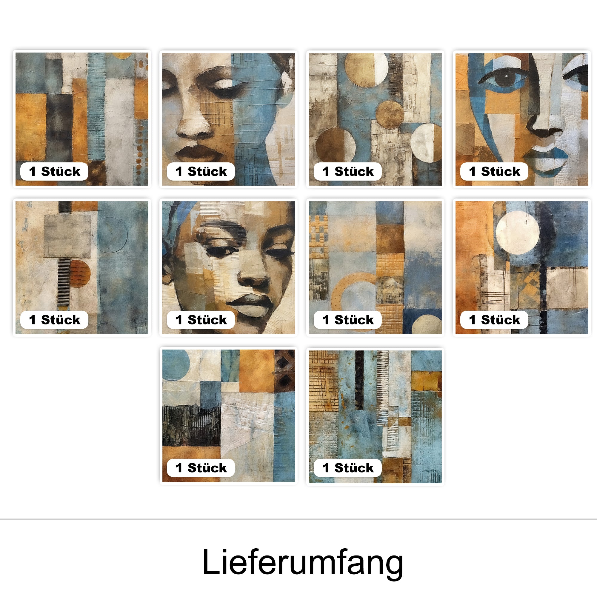 Kunstwerke in Blau-, Braun- und Beigetönen, abstrakte Gesichter.
