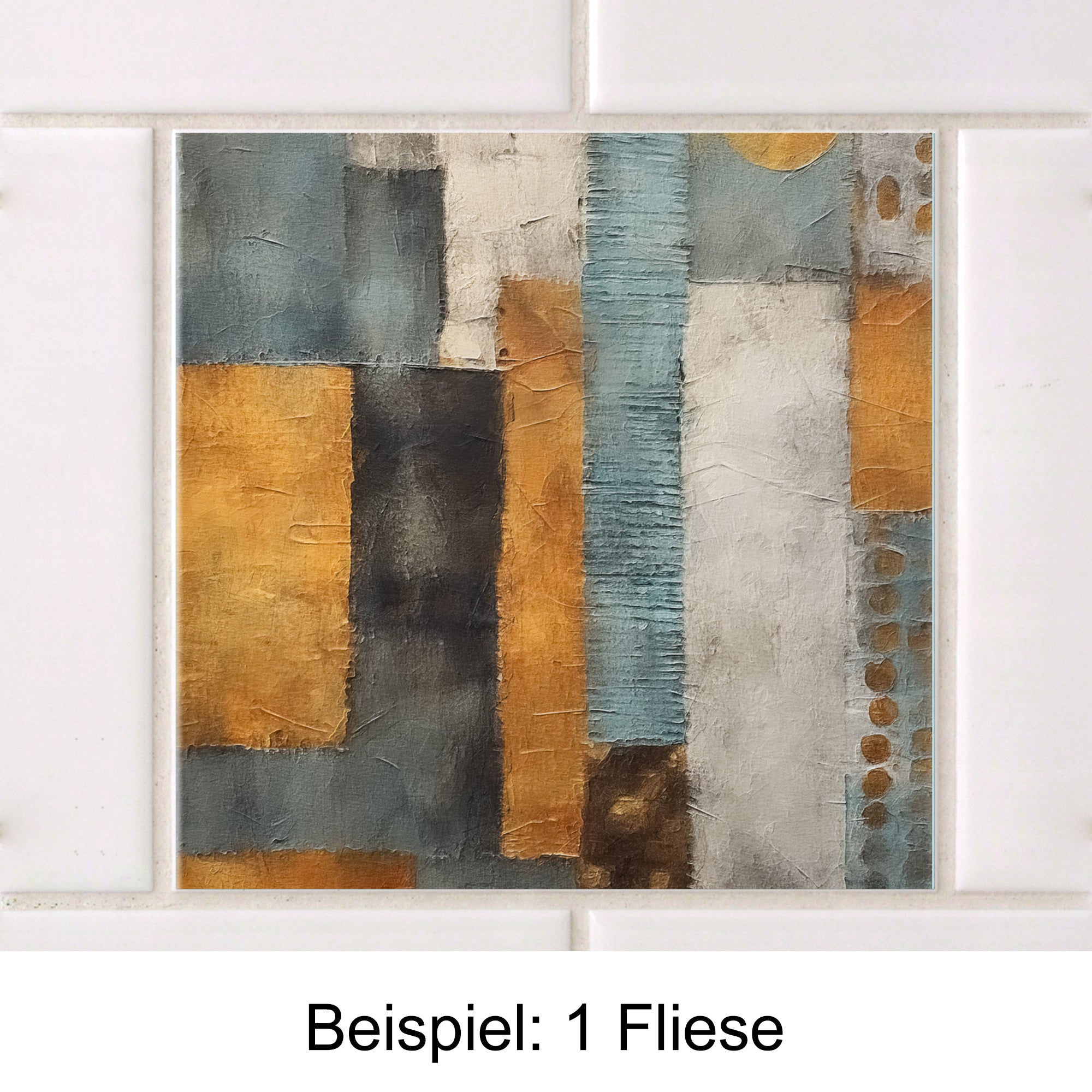Dekorative Fliese in Blau, Gold und Beige mit geometrischen Mustern.