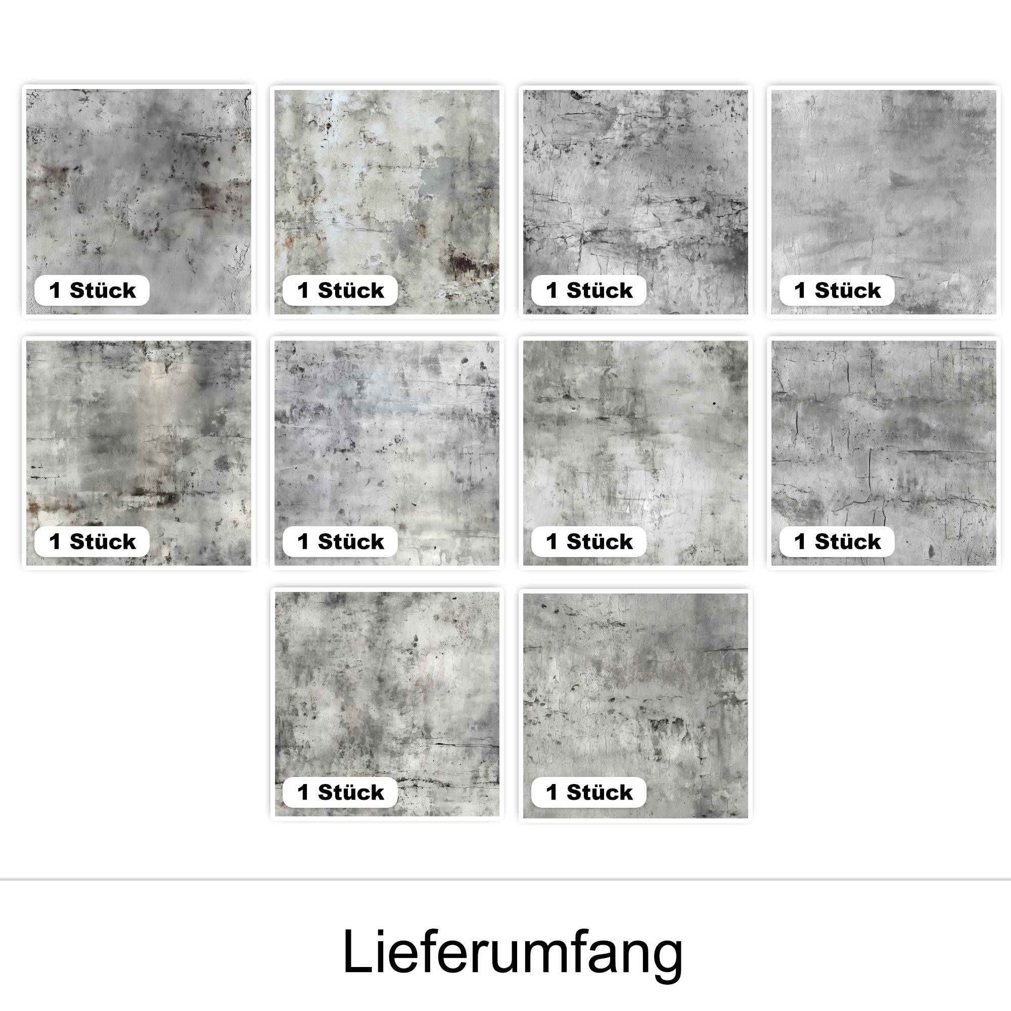 Zehn graue Wandpaneele mit unterschiedlichen Texturen.
