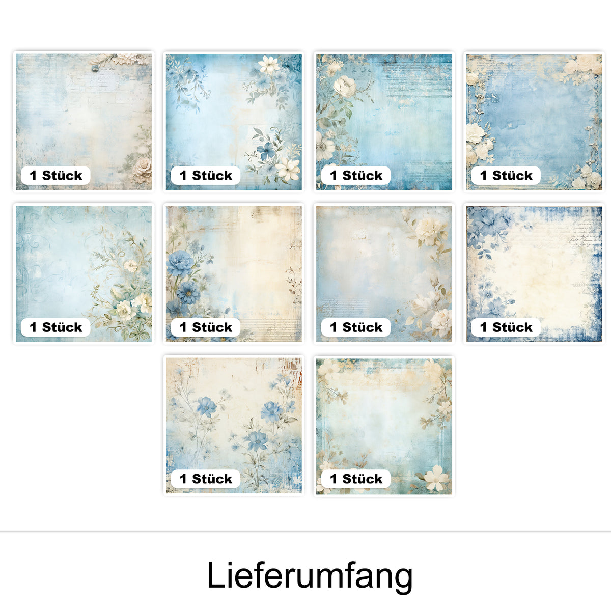 Zehn florale, blaue und cremefarbene Papiere.
