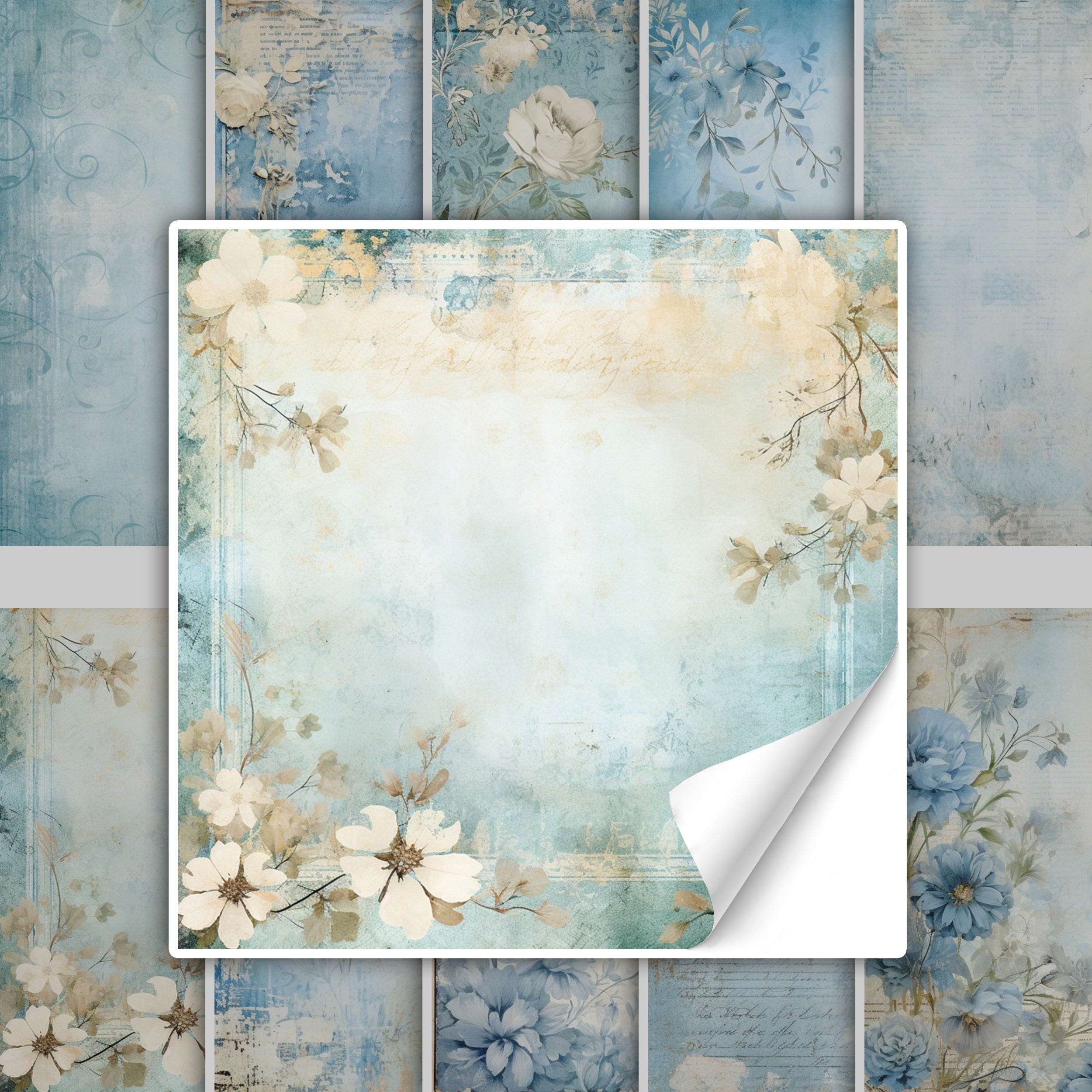 Blaues, florales Design mit zarten Blumenmotiven.