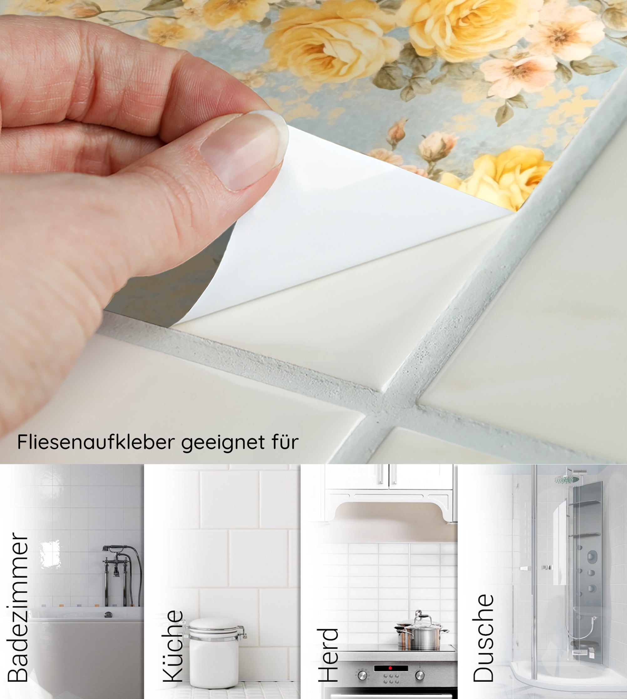 Fliesenaufkleber mit gelben Rosen, geeignet für Badezimmer und Küche.