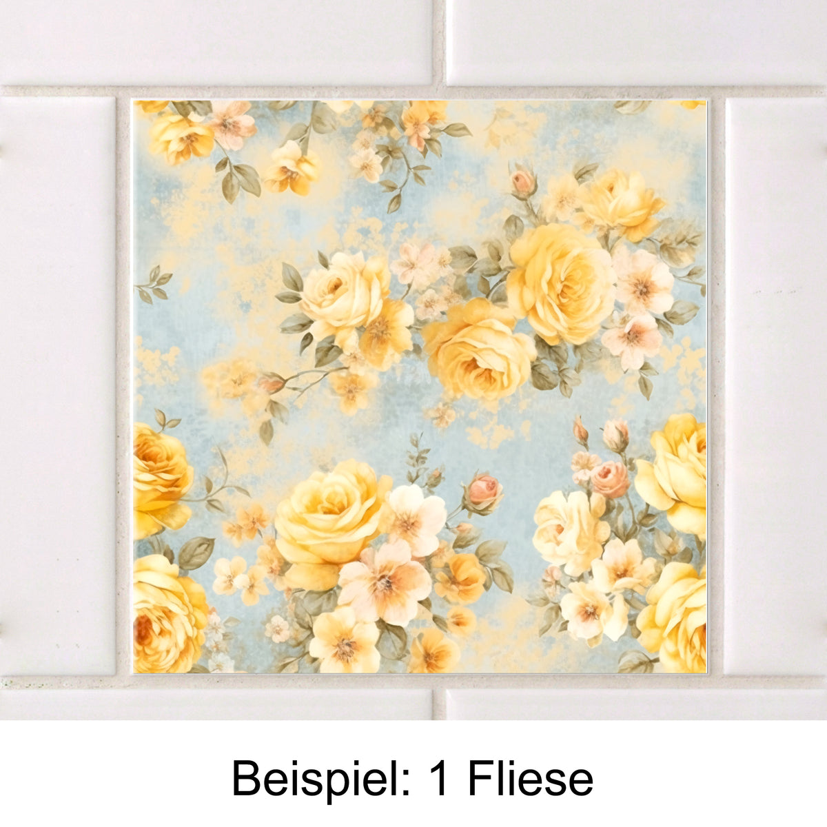 Fliese mit gelben Rosen auf blauem Hintergrund.
