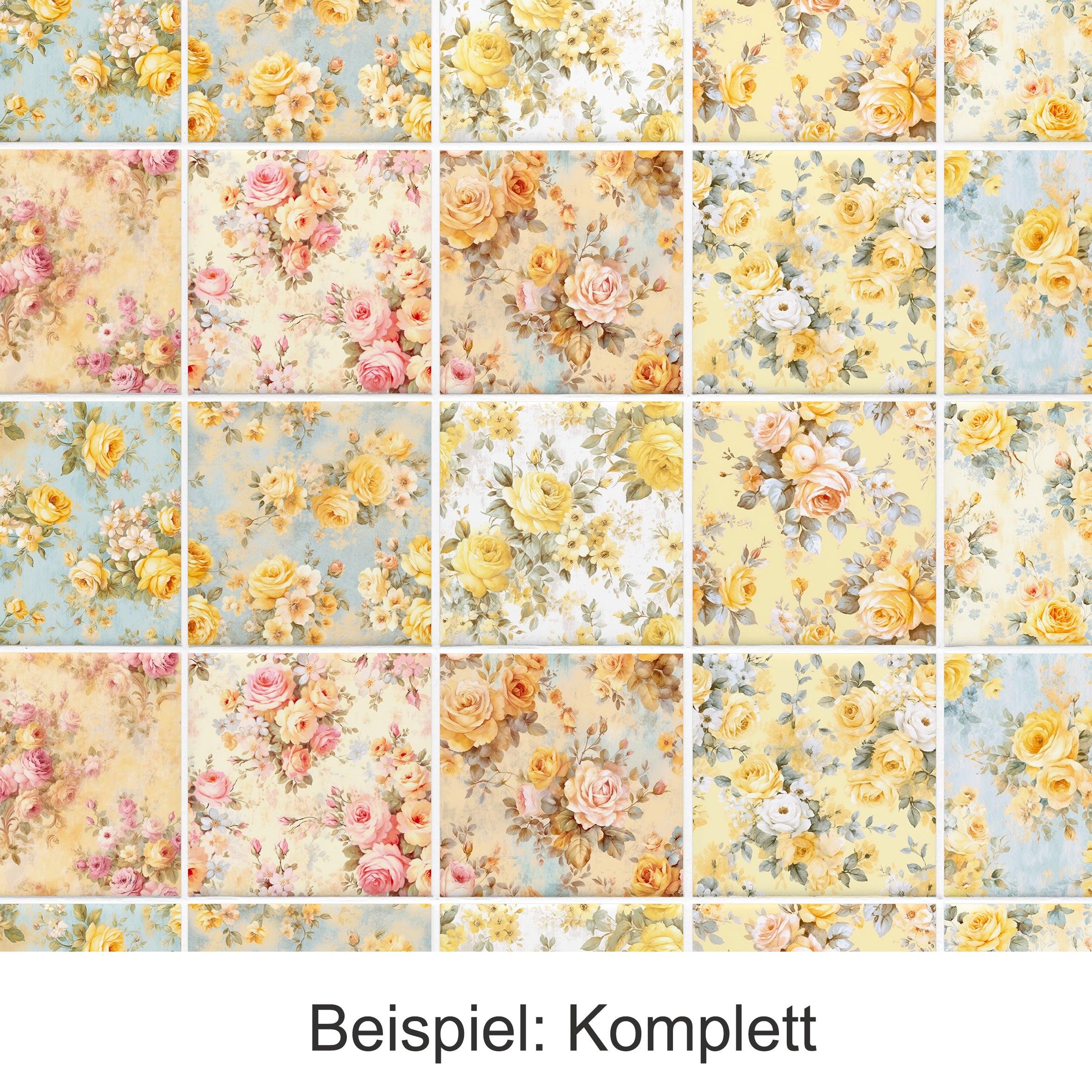 Bunte Blumendrucke in Pastellfarben, verschiedene Rosendesigns.