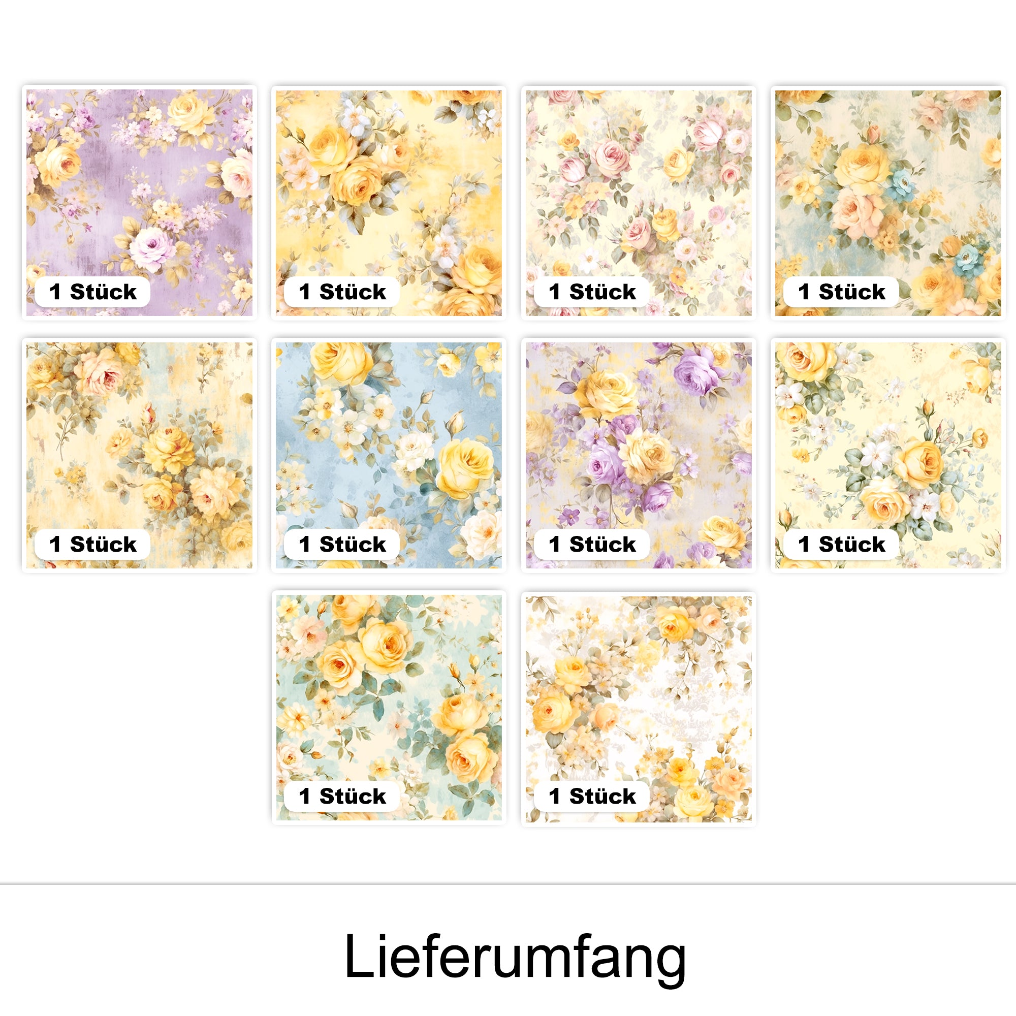 Bunte Blumenmuster in Gelb, Lila und Weiß.