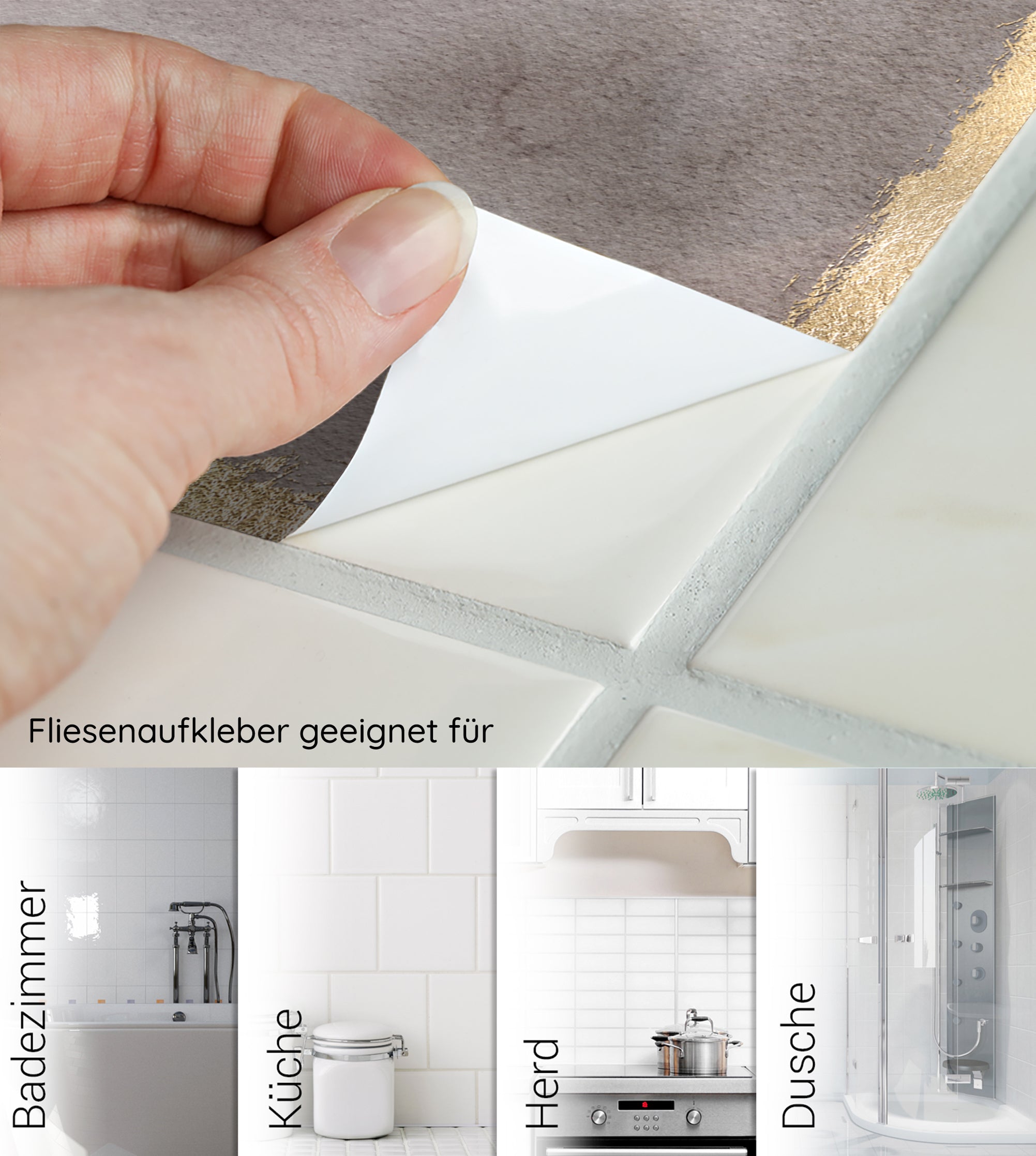 Fliesenaufkleber in Grau mit goldenen Akzenten.
