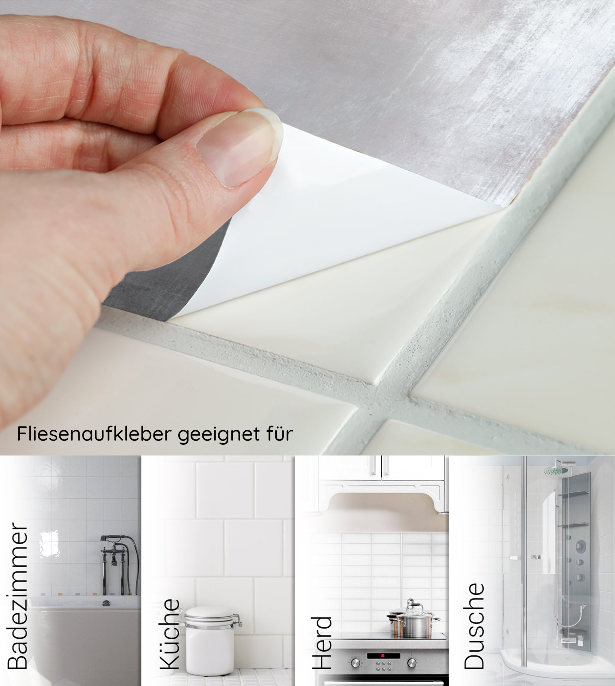 Fliesenaufkleber in Weiß, geeignet für Badezimmer, Küche und Dusche.