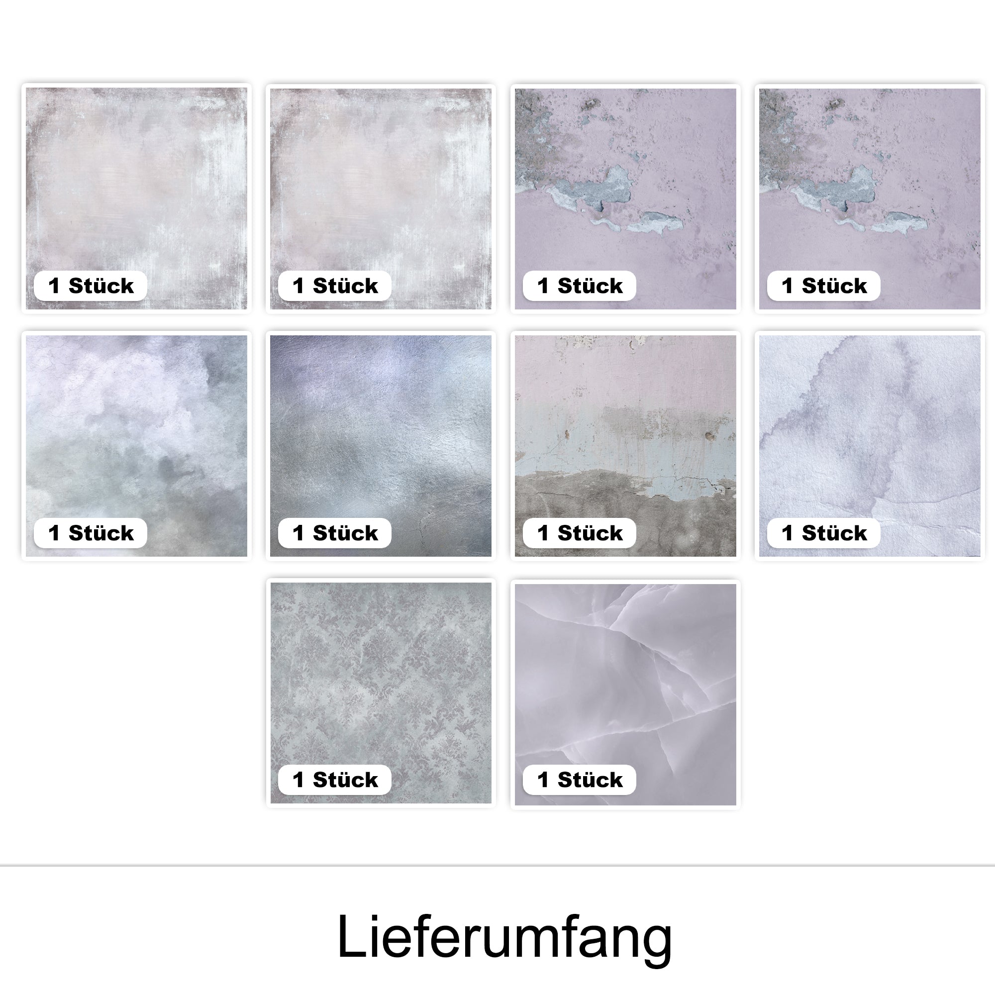 Zehn verschiedene, farbige Texturen in Grau- und Lilatönen.