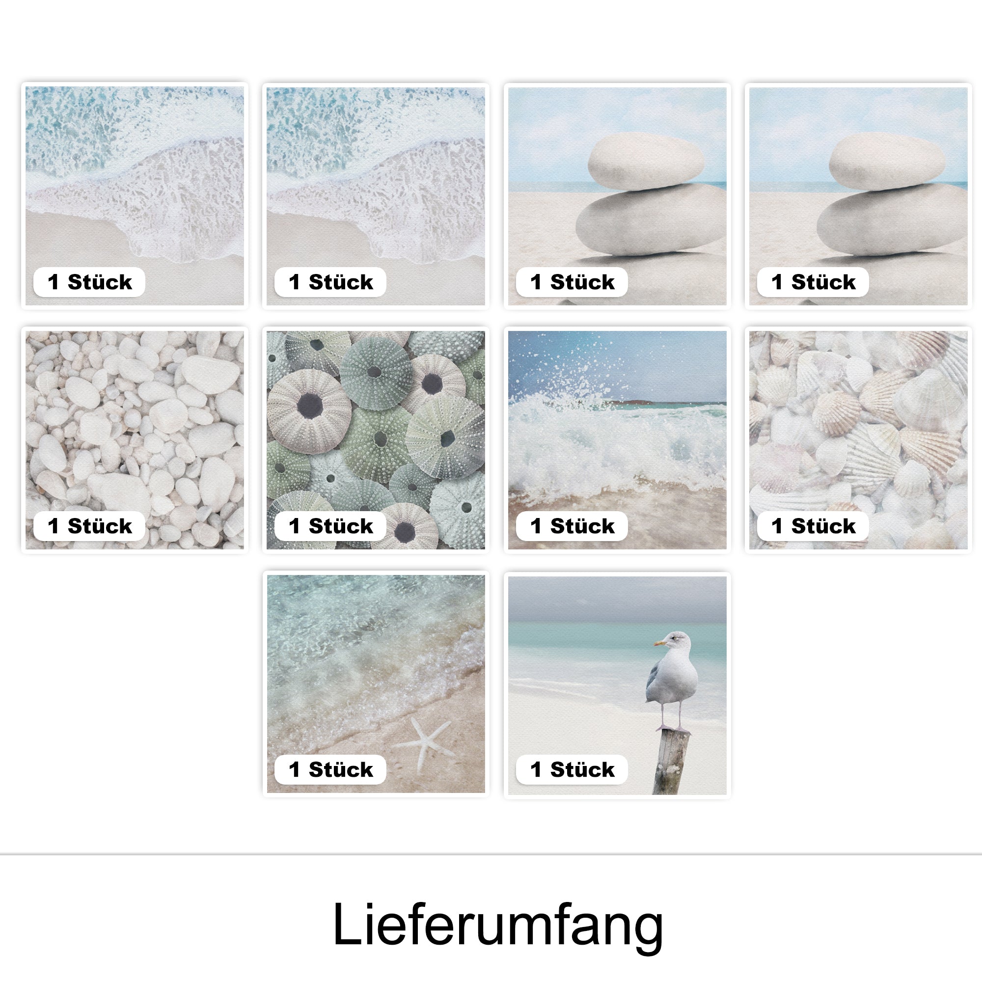 Strandmotive in sanften Farben, Steine, Muscheln und Wellen.