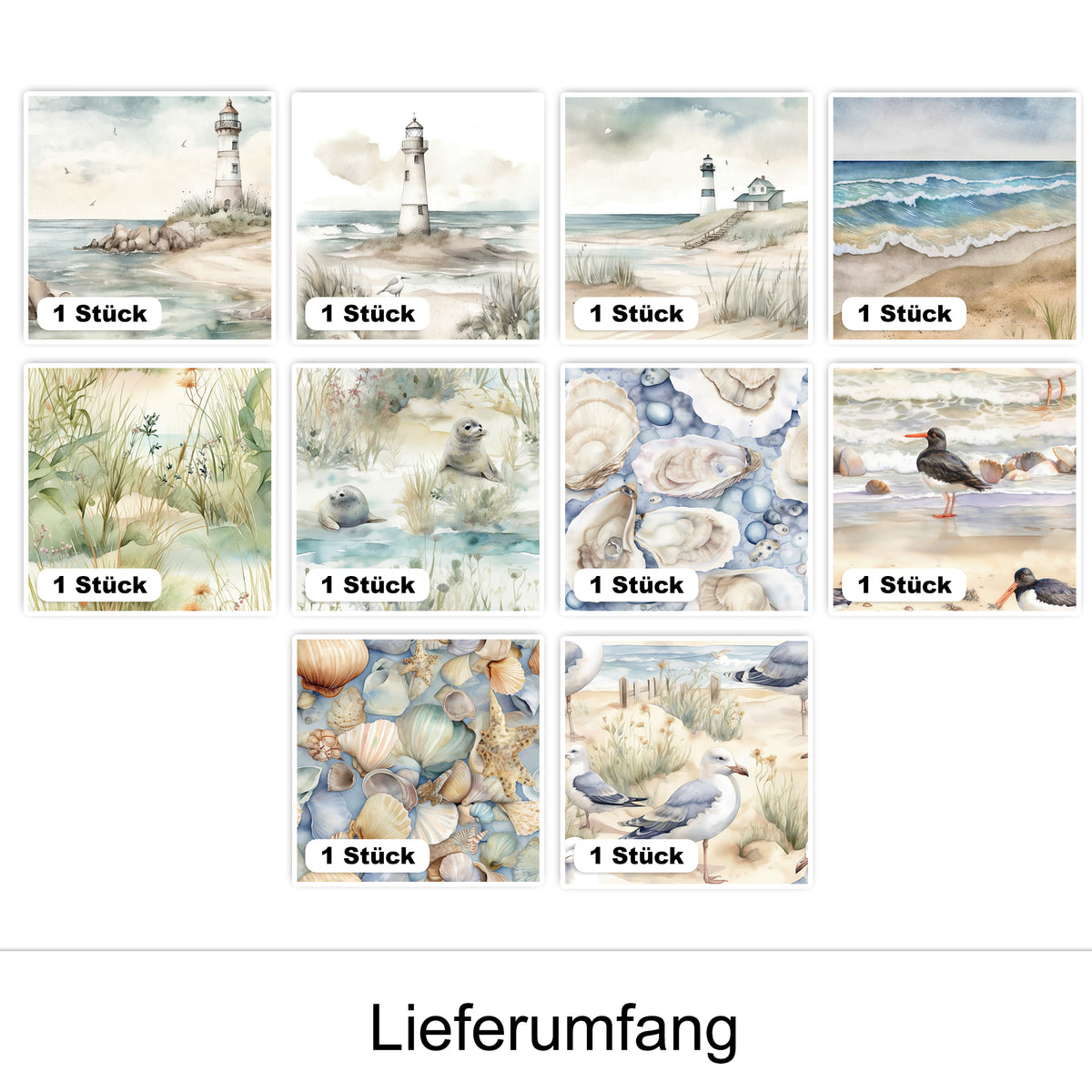 Wasserfarbige Küstenlandschaften mit Leuchttürmen und Muscheln.