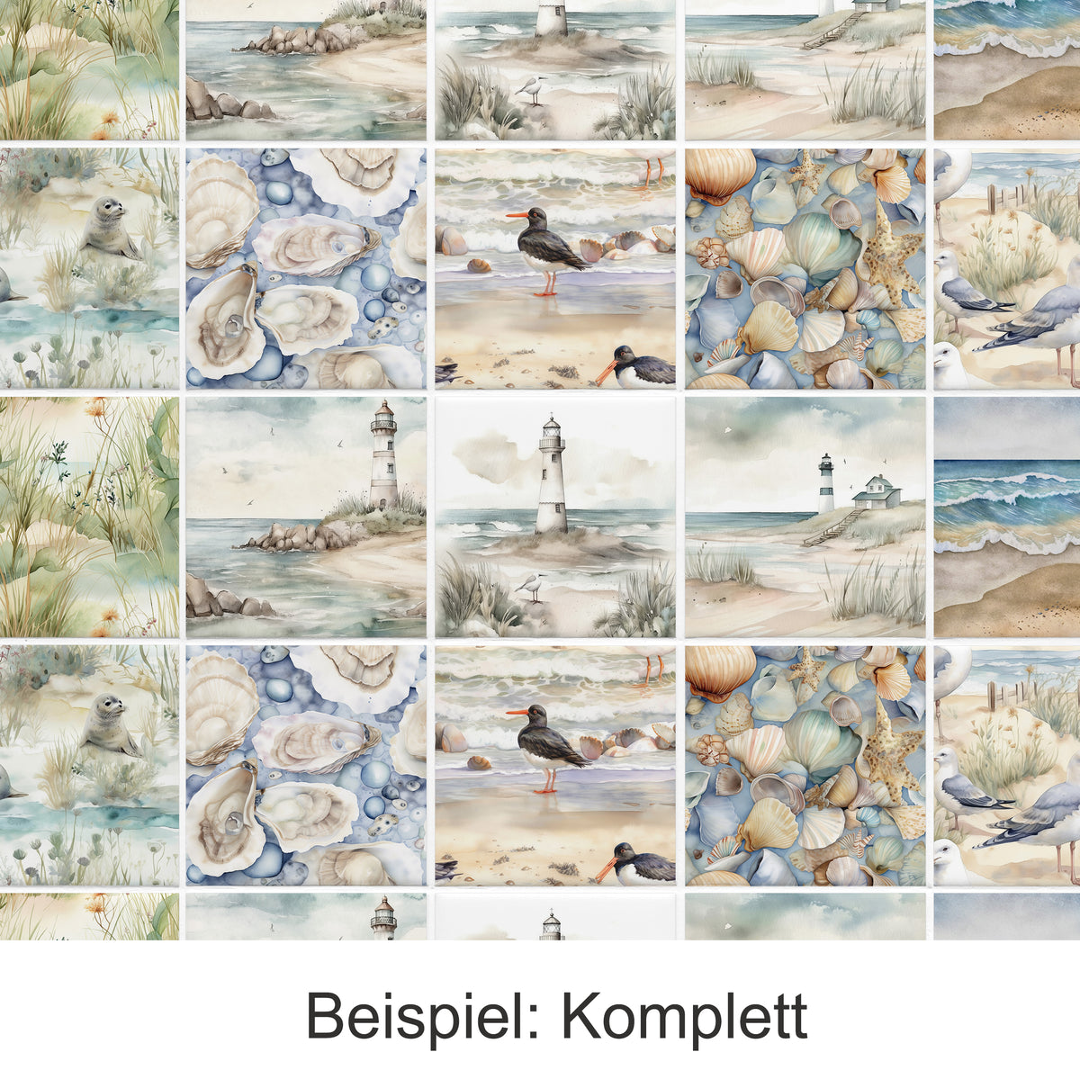 Aquarellmuster mit Leuchttürmen, Muscheln und Küstenlandschaften.