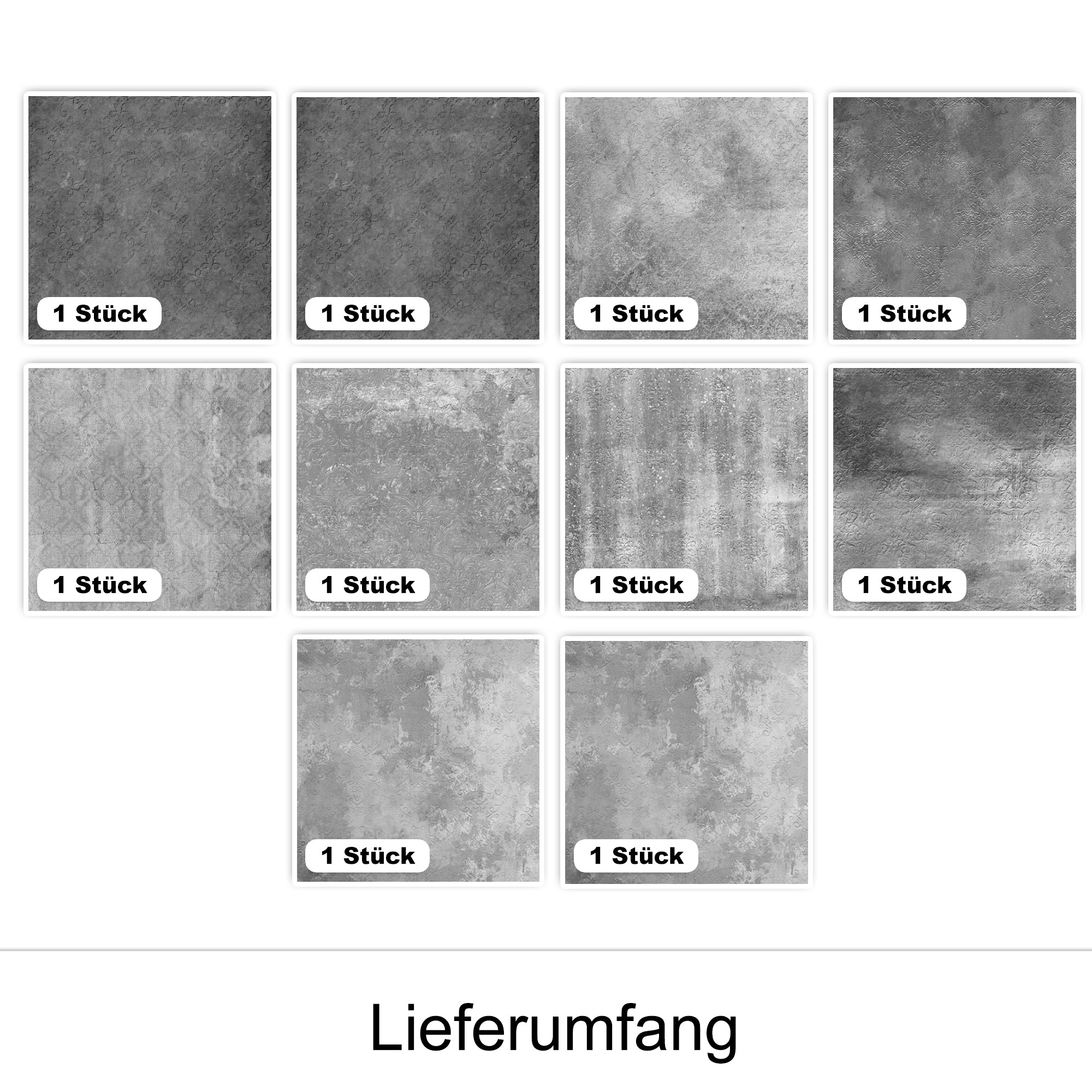 10 verschiedene graue Musterfliesen.
