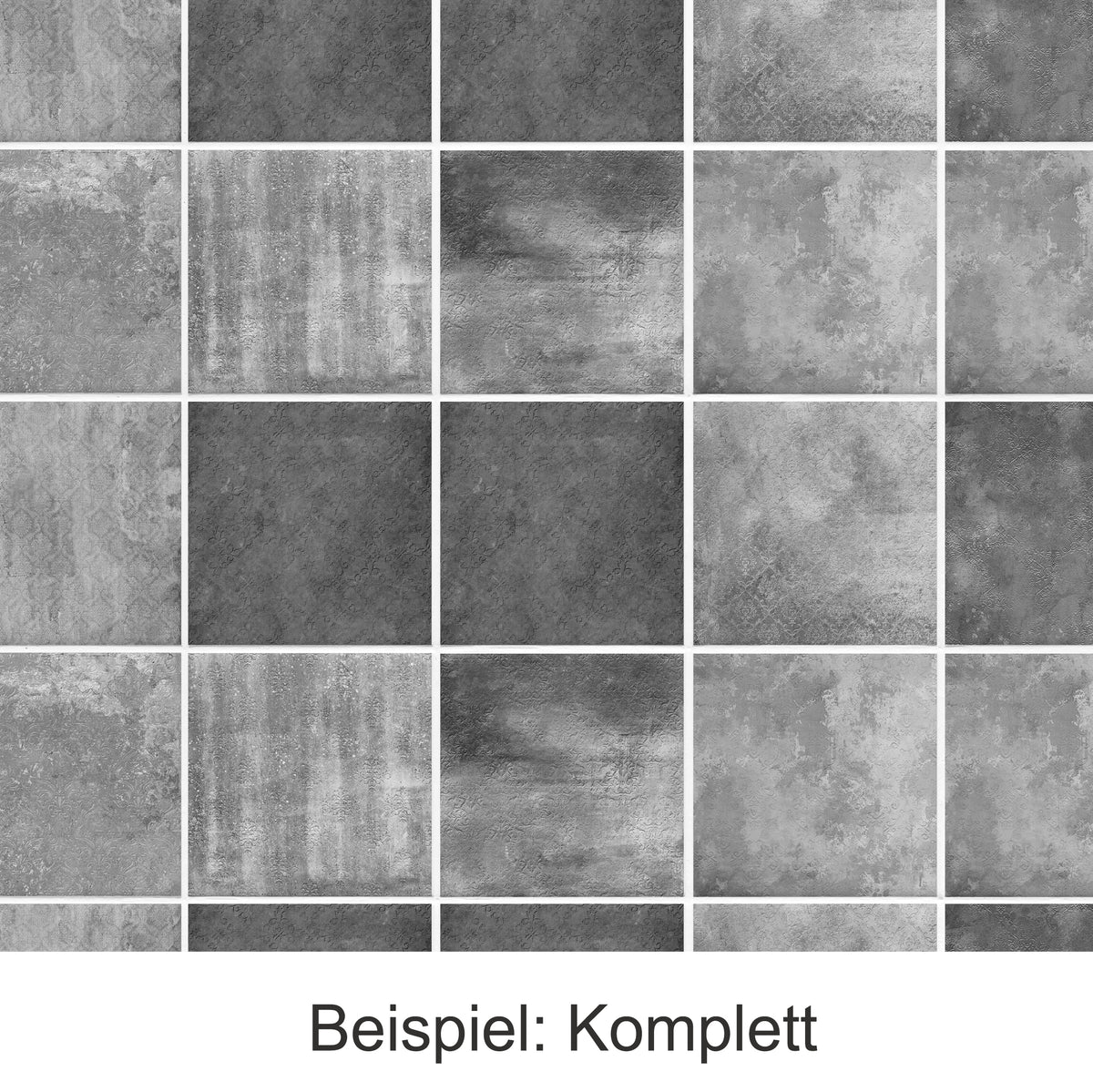 Graue Fliesenmuster in verschiedenen Texturen und Schattierungen.