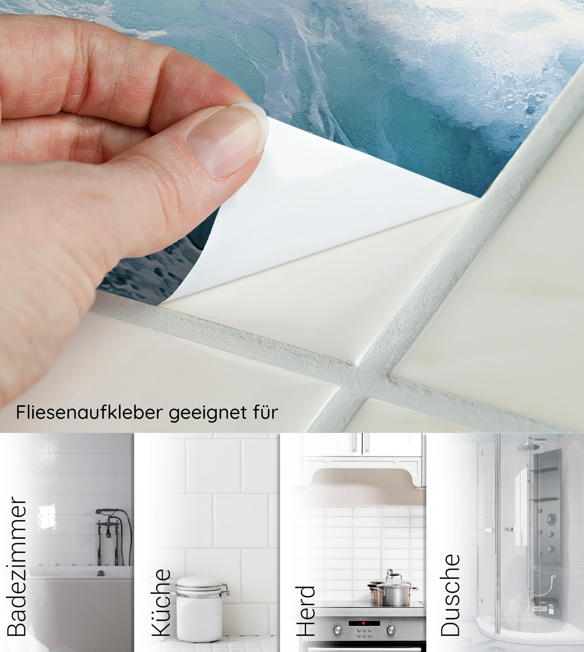 Fliesenaufkleber in Blau für Badezimmer, Küche und Dusche.