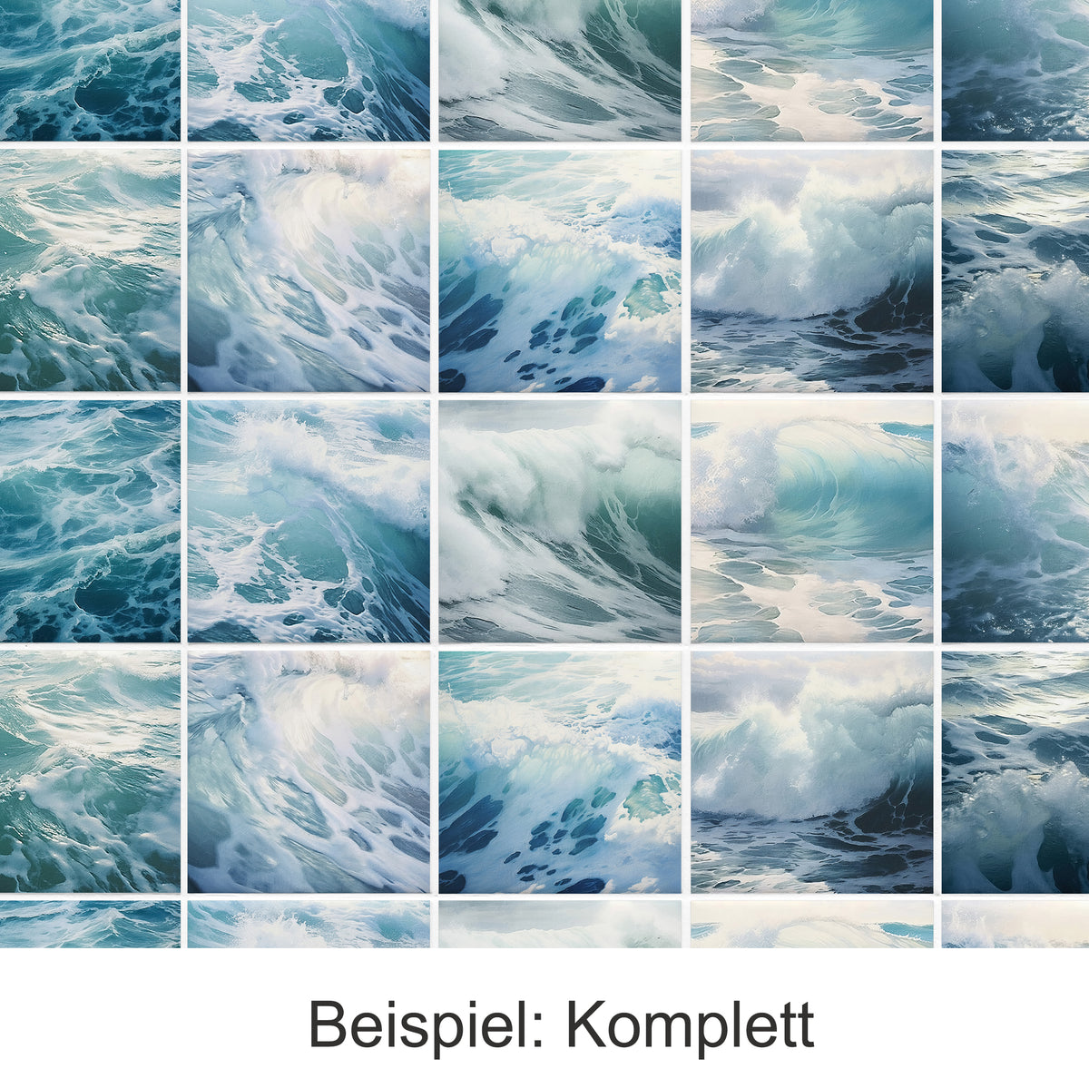 Wellen in verschiedenen Blau- und Türkistönen, dynamische Wasserbewegungen.