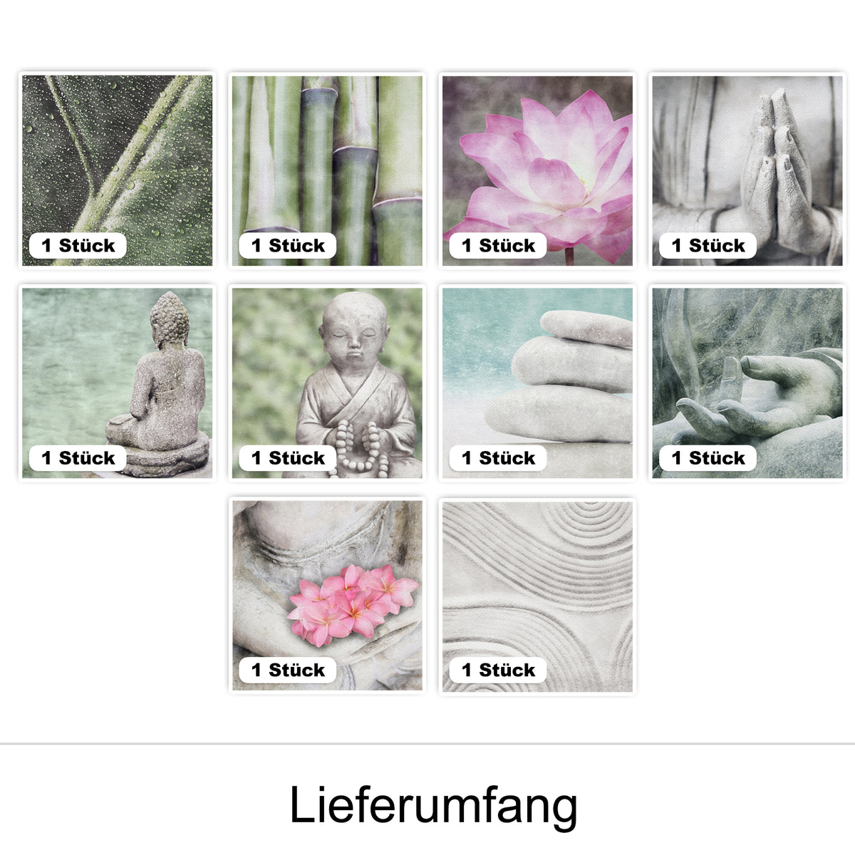 Buddhistische Motive in sanften Farben, Lotusblüte und Steinskulpturen.