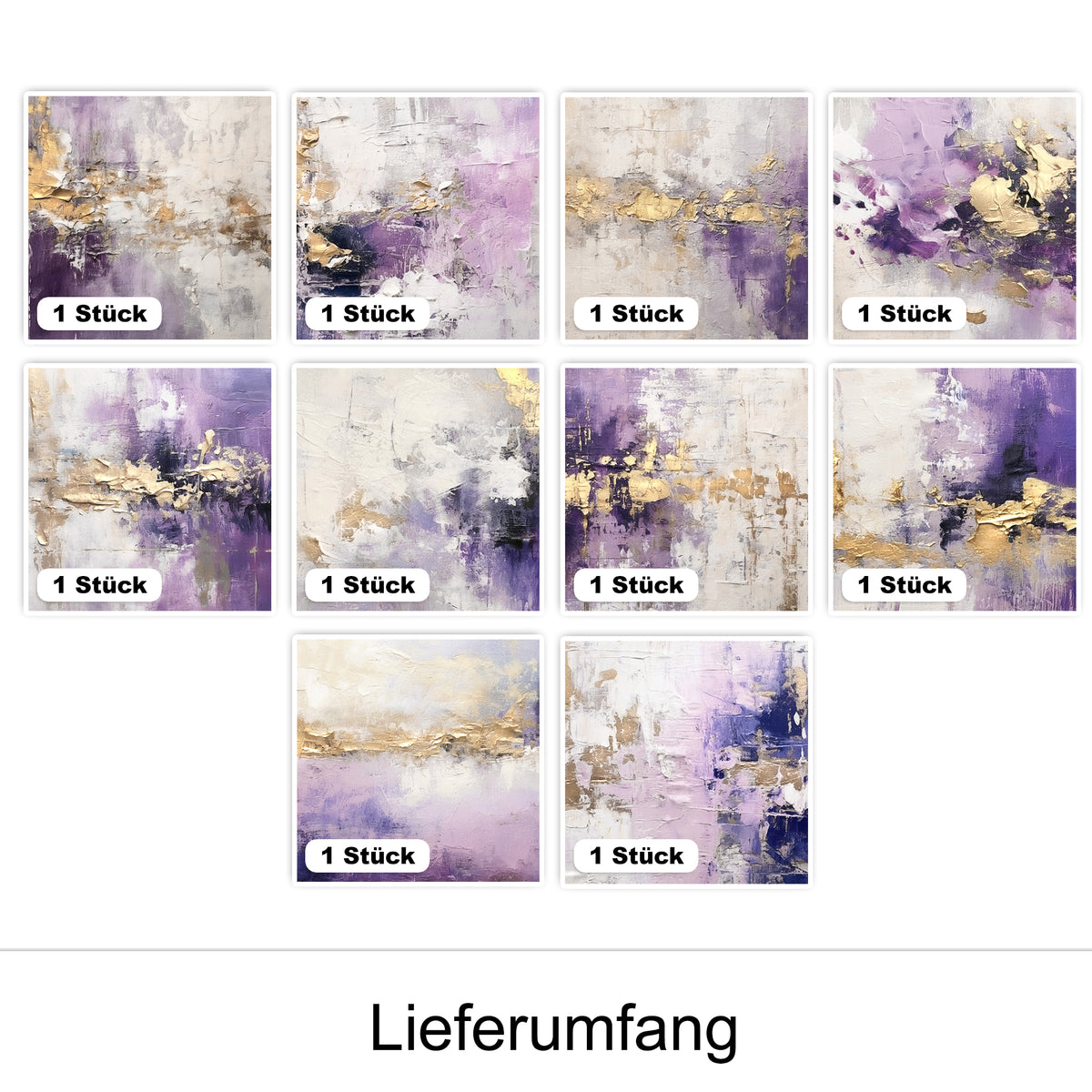 Abstrakte Kunstwerke in Lila, Gold und Weiß.