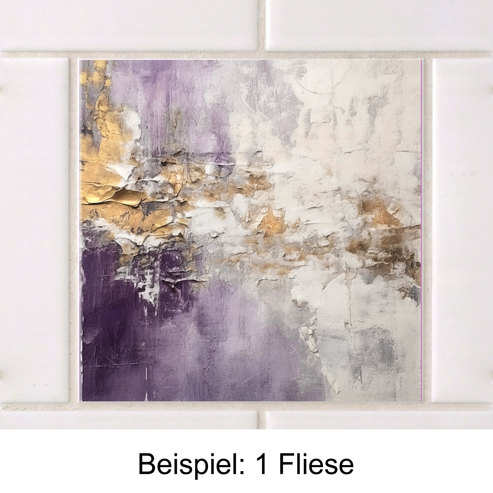 Fliese in Lila, Weiß und Gold mit abstraktem Muster.