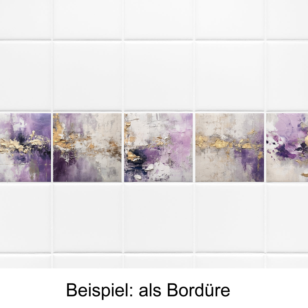 Violette Fliesenbordüre mit goldenen Akzenten.