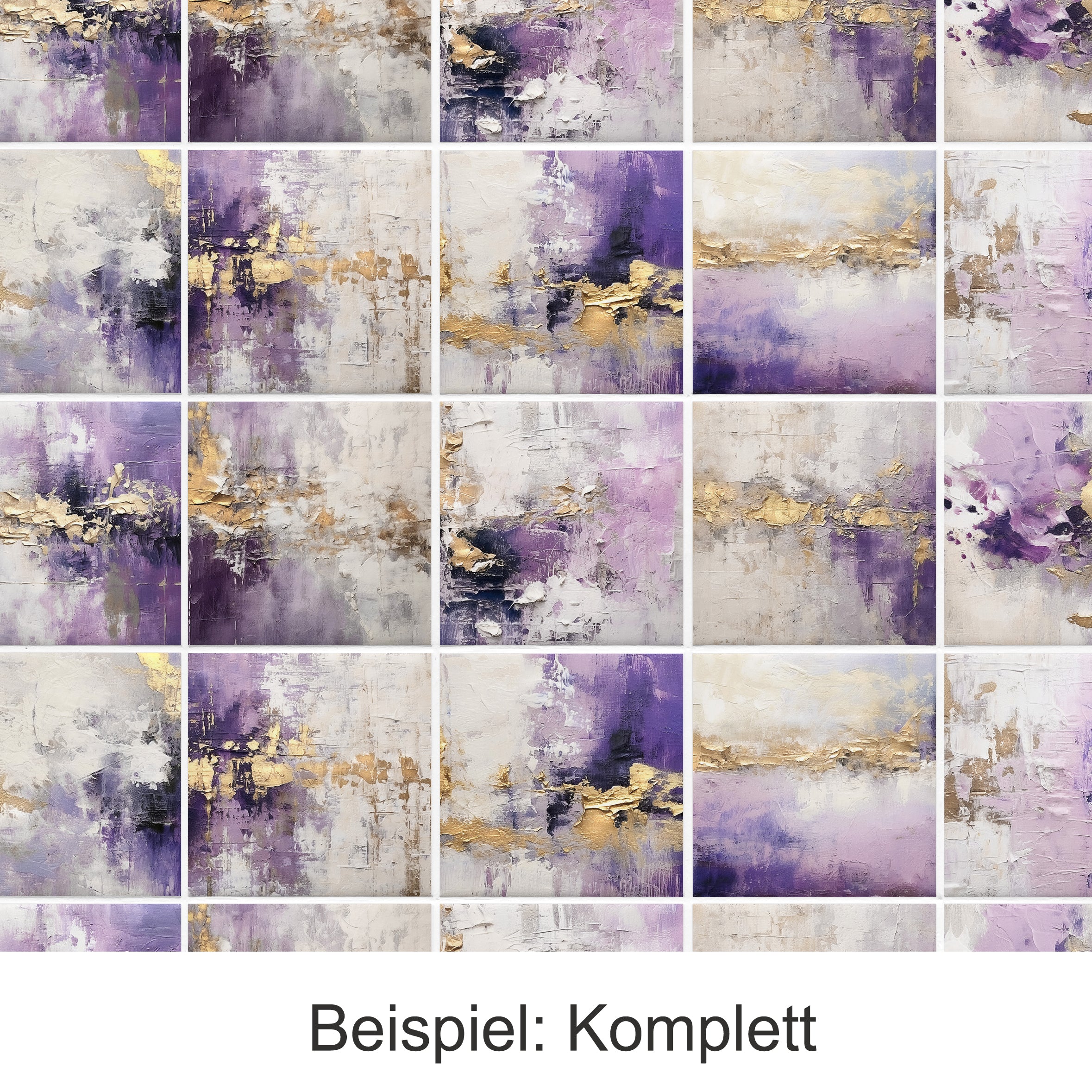 Abstrakte Kunst mit lila, goldenen und grauen Farbtönen.