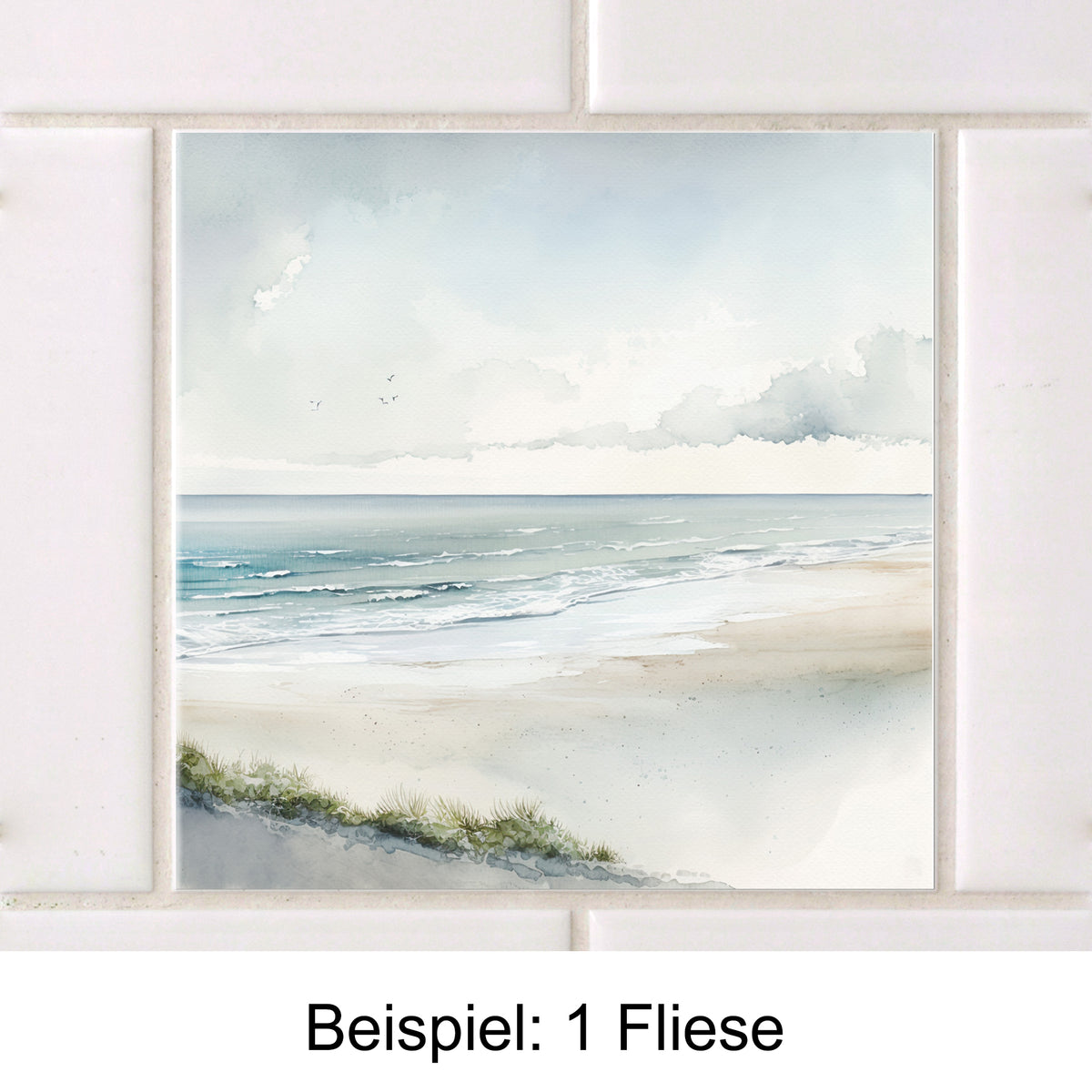 Wasserfarbengemälde eines Strandes mit sanften Wellen.