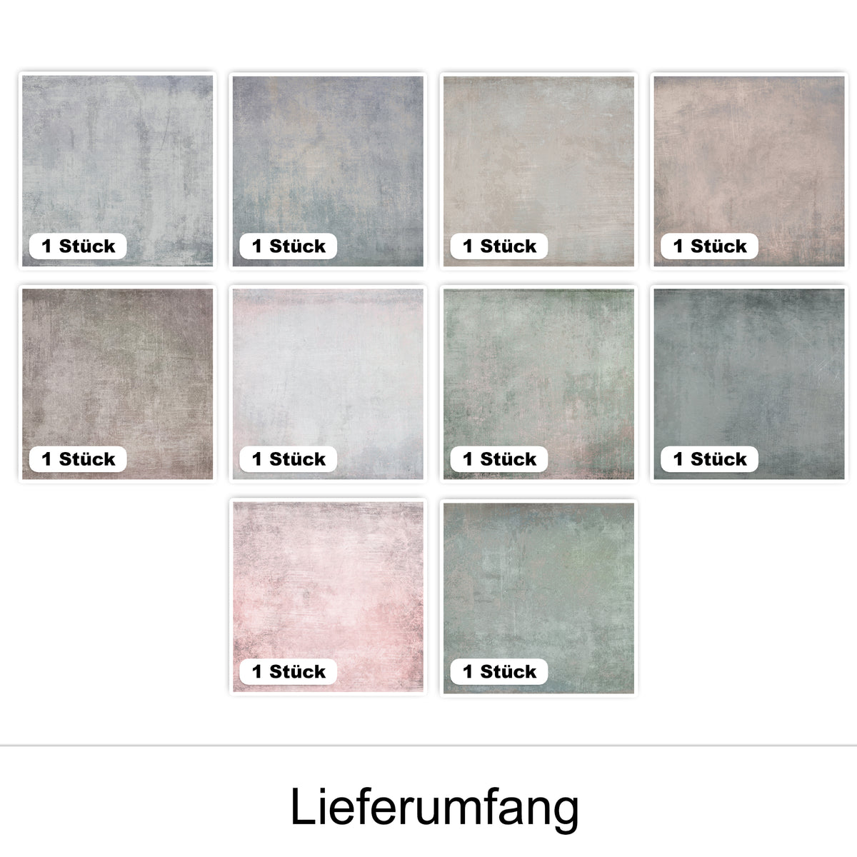 Zehn quadratische Wandpaneele in verschiedenen Farbtönen.