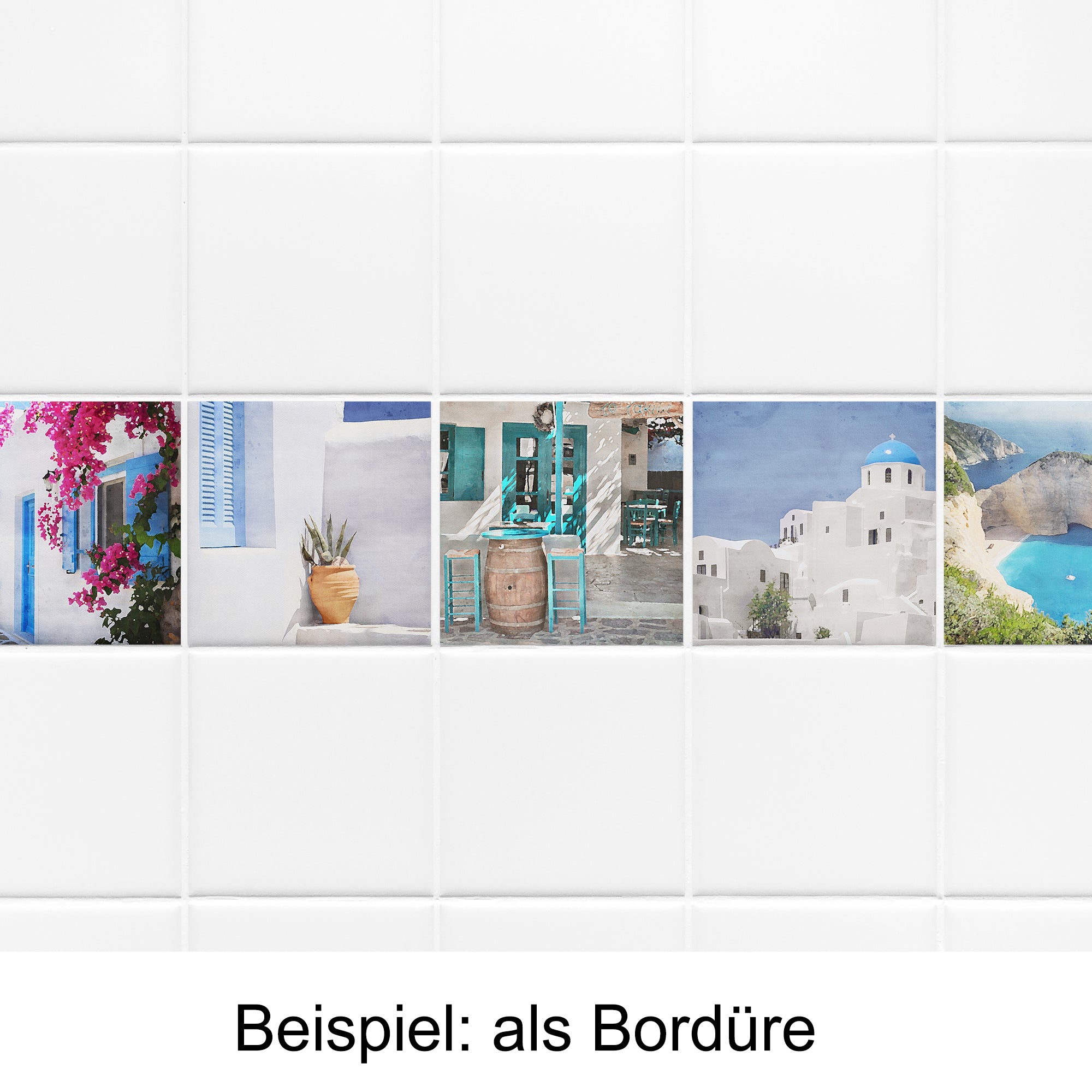 Fliesenbordüre mit bunten mediterranen Motiven und weißen Hintergründen.