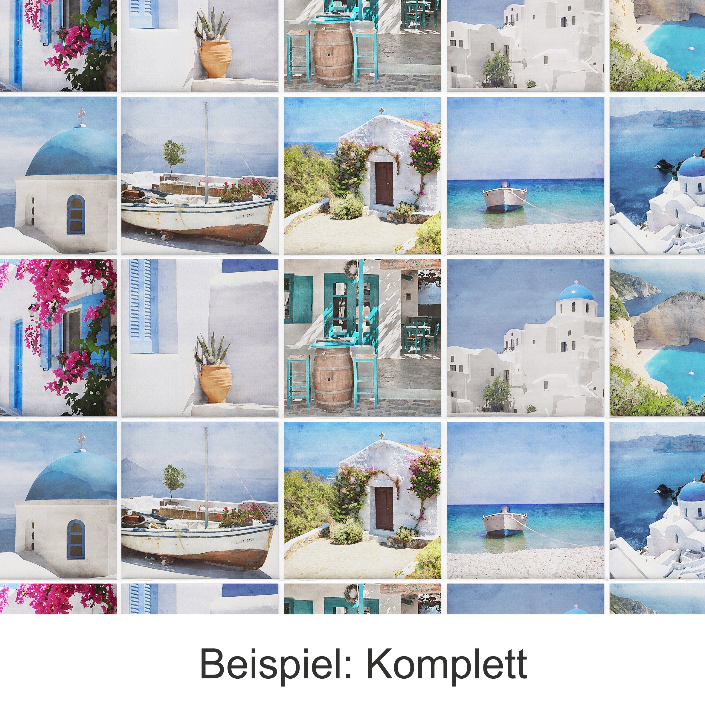 Griechische Architektur, blaue Kuppeln, Boot und blühende Pflanzen.