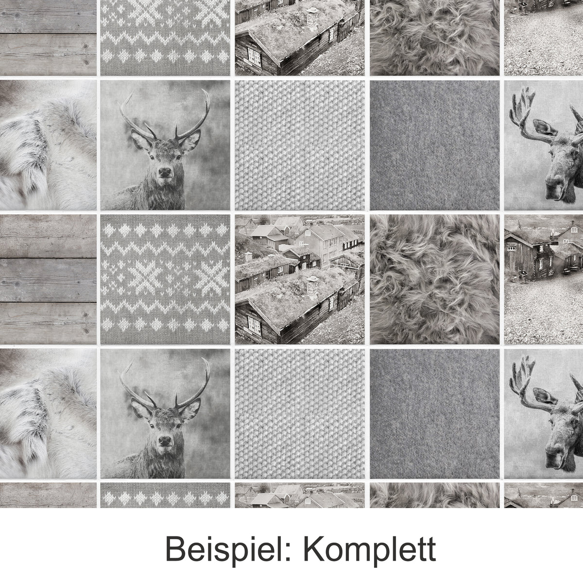 Graue Texturen, Tiermotive und rustikale Holzstrukturen.