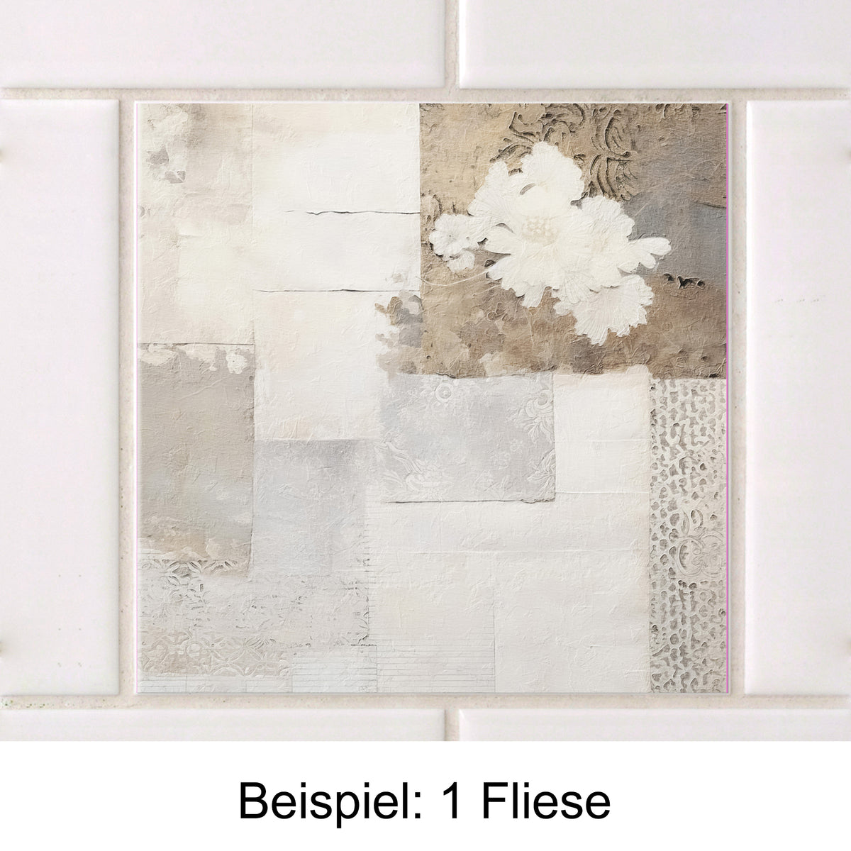 Dekorative Fliese in Weiß- und Grautönen mit floralem Muster.