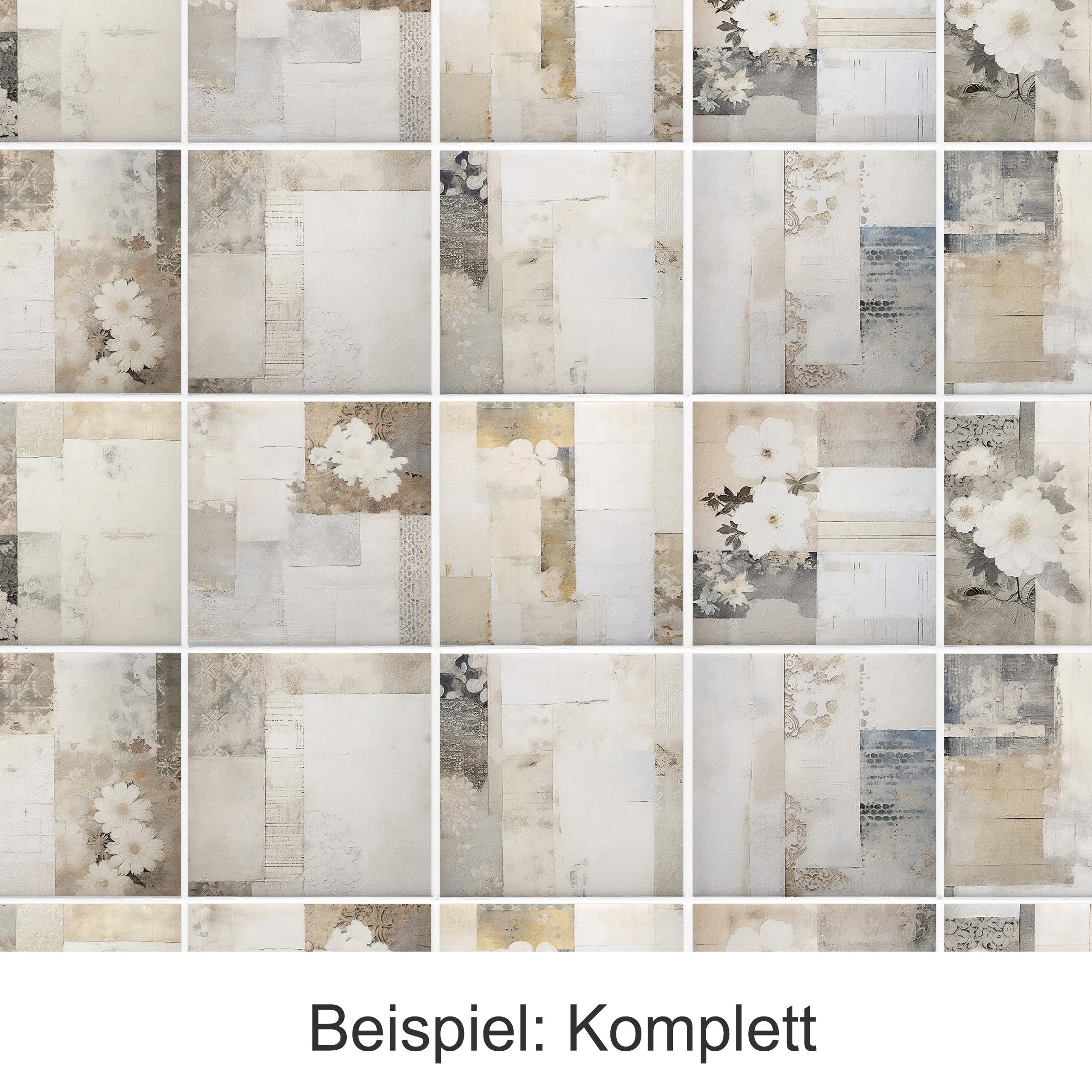 Muster aus cremefarbenen und grauen geometrischen Formen mit Blumen.