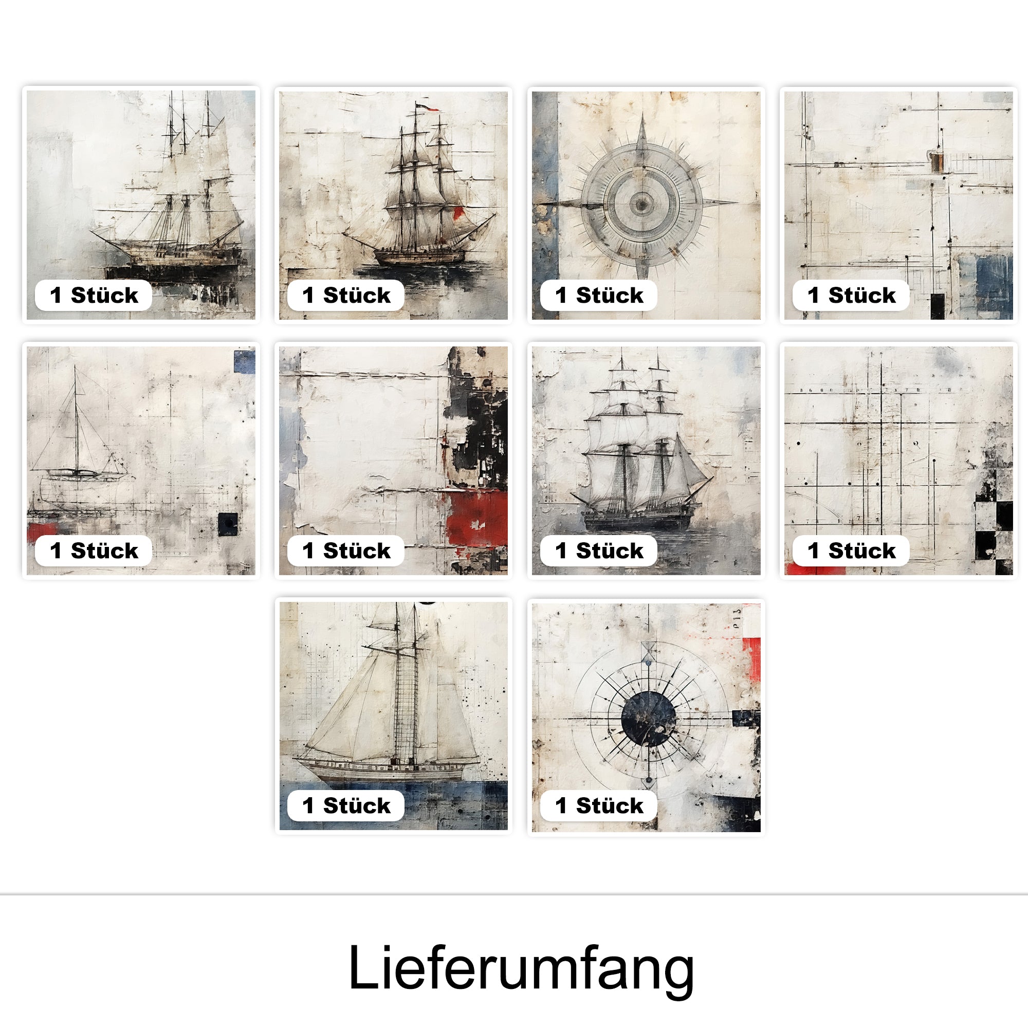 Maritime Kunstwerke in neutralen Farben, verschiedene Schiffsdesigns.