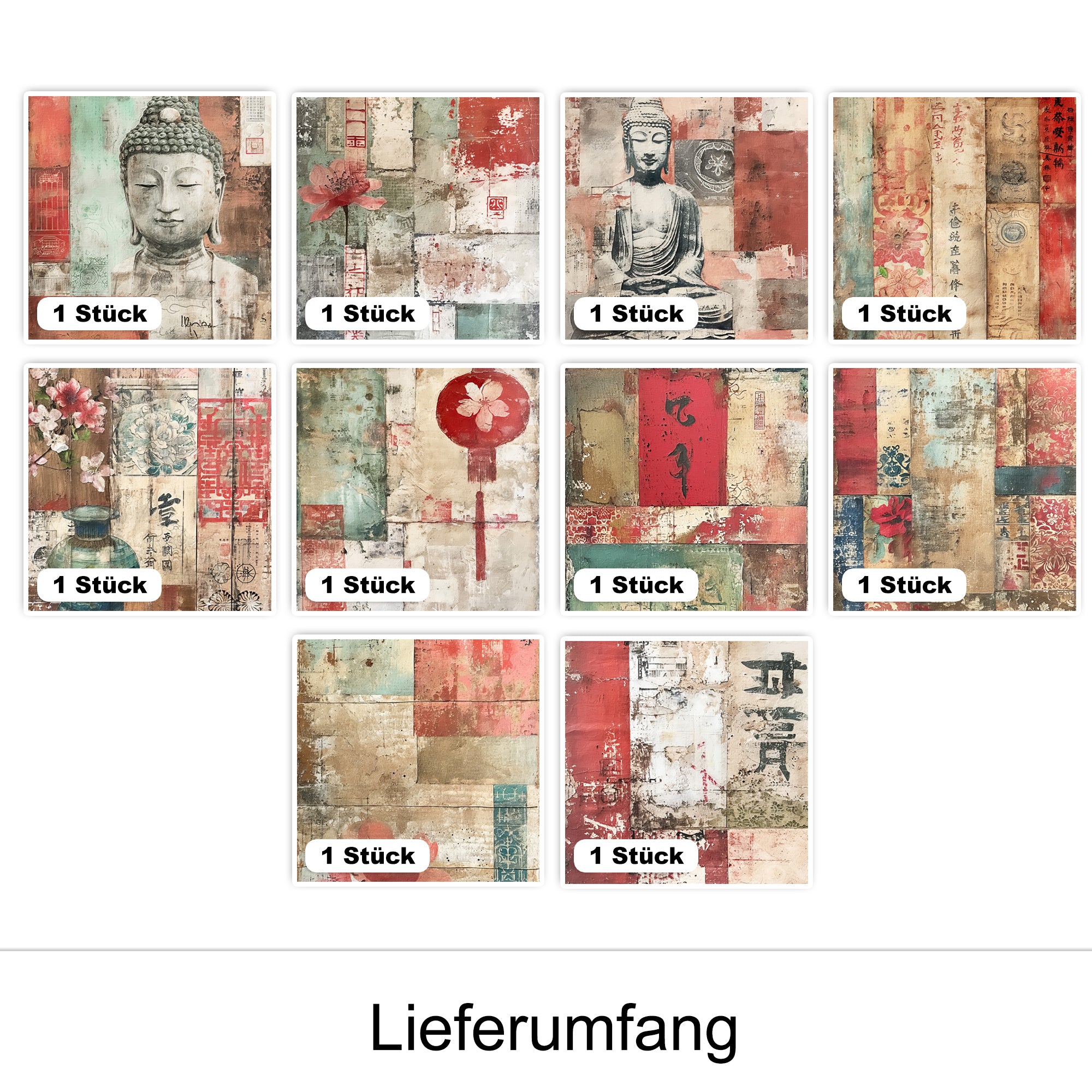Buddhistische Motive in Rot- und Erdtönen, 10 Stück.