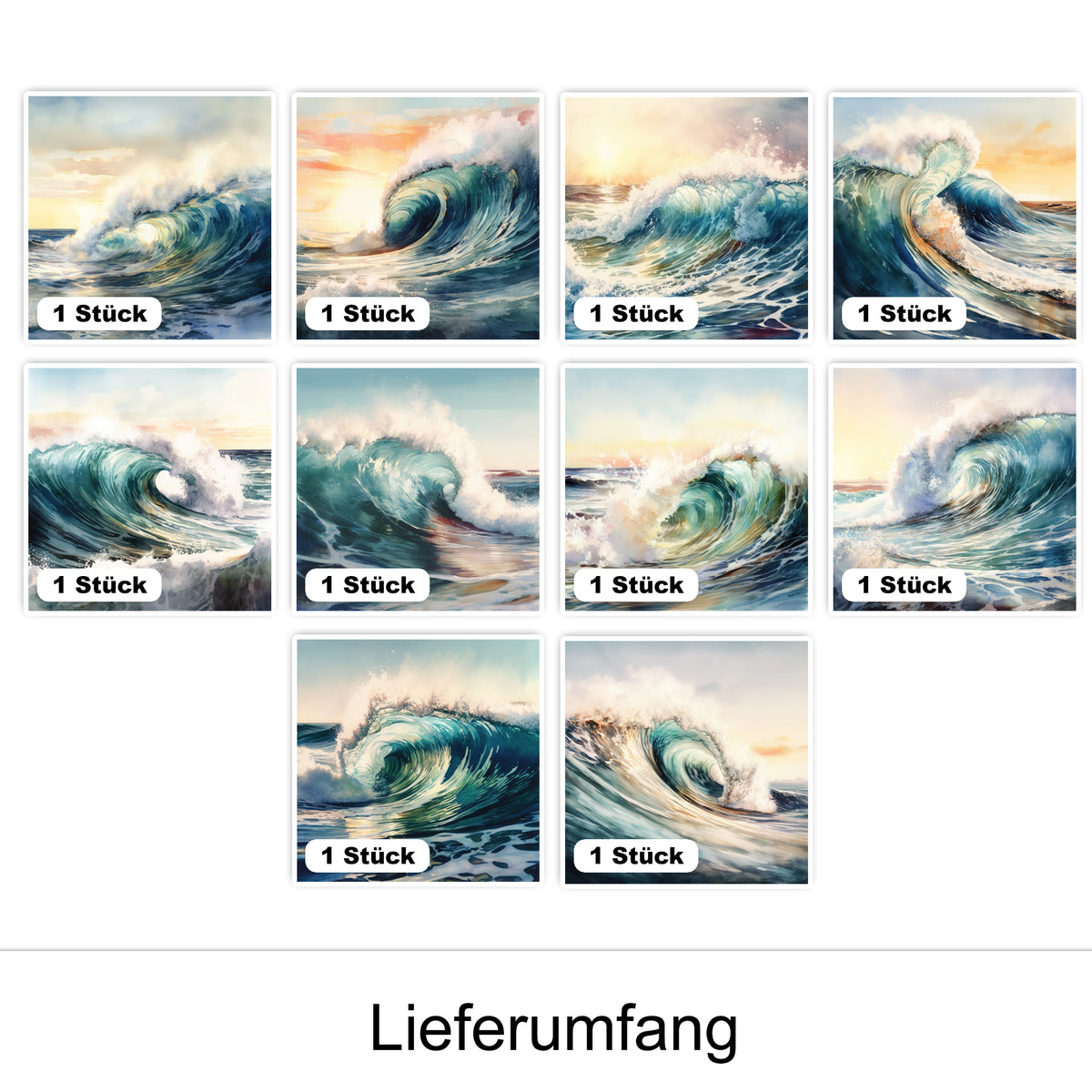 Wellenmotive in verschiedenen Blau- und Grüntönen, 10 Stück.