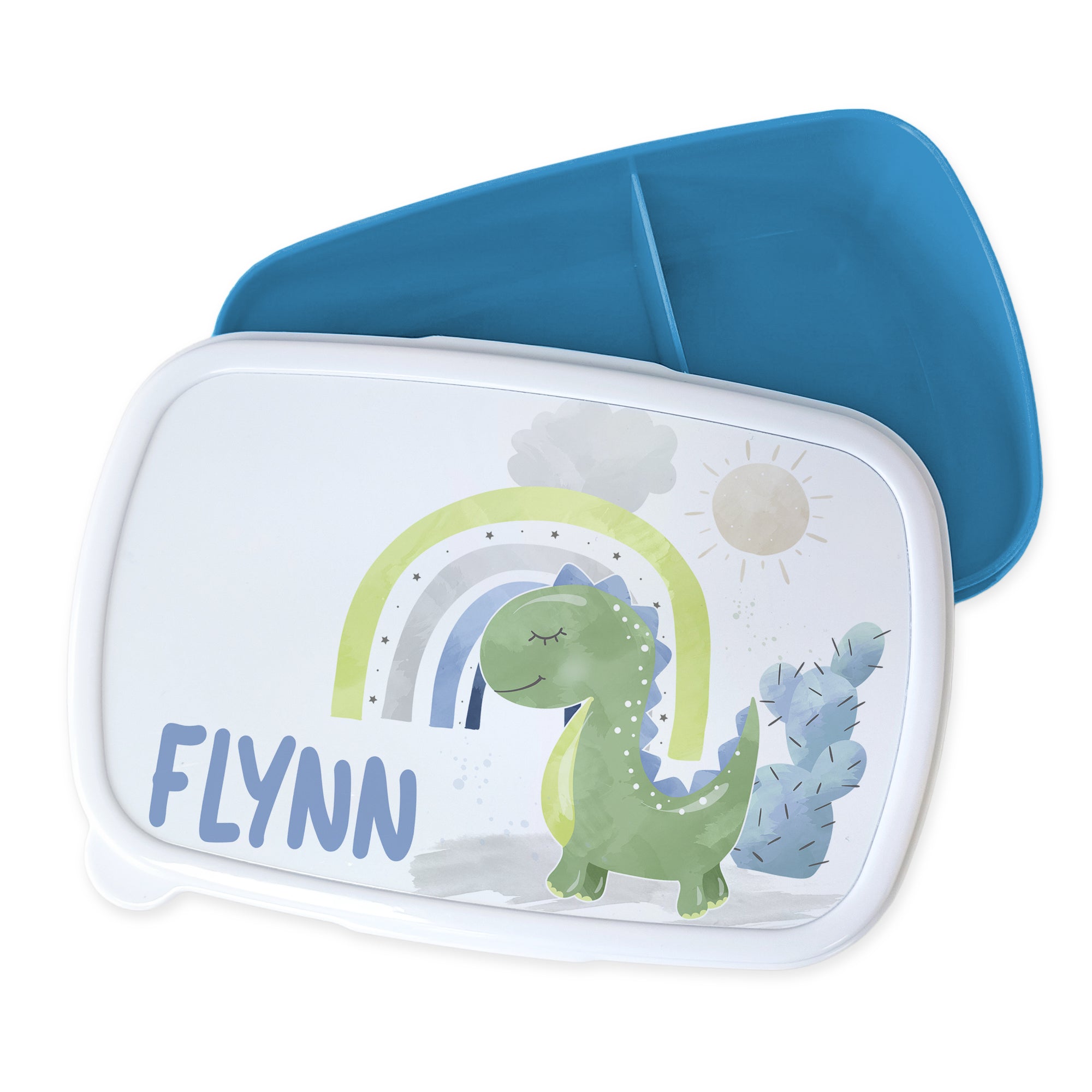 Bento-Box mit Dinosaurier-Motiv und blauem Deckel